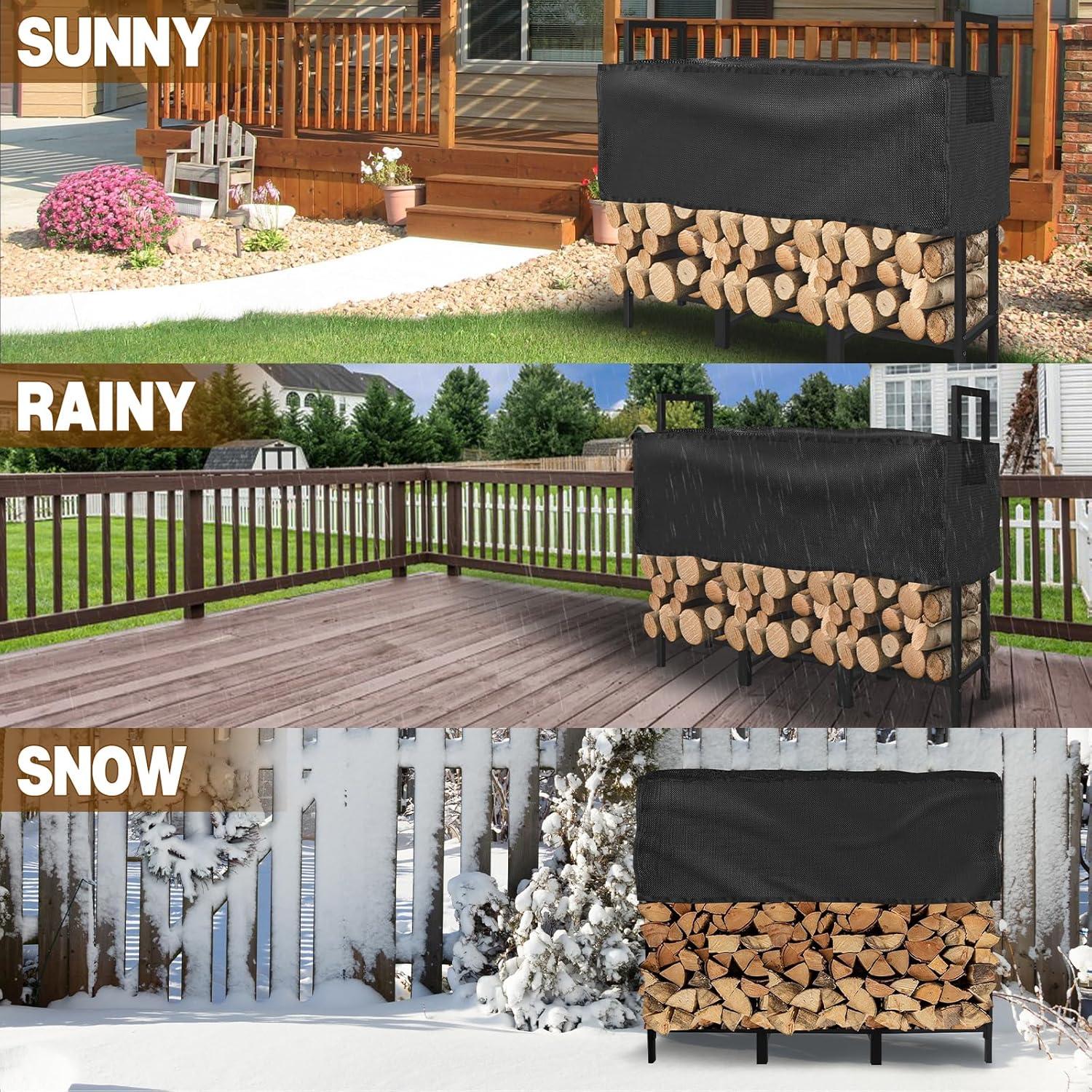 4ft Black Steel Firewood Rack with Weather-Resistant Cover