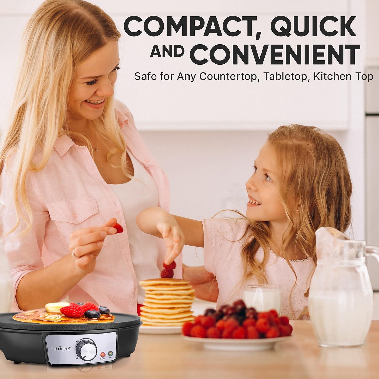 NutriChef Electric Griddle & Crepe Maker | Nonstick 12 Inch Hot Plate Cooktop | Adjustable Temperature Control | Batter Spreader & Wooden Spatula | Used Also For Pancakes, Blintzes & Eggs