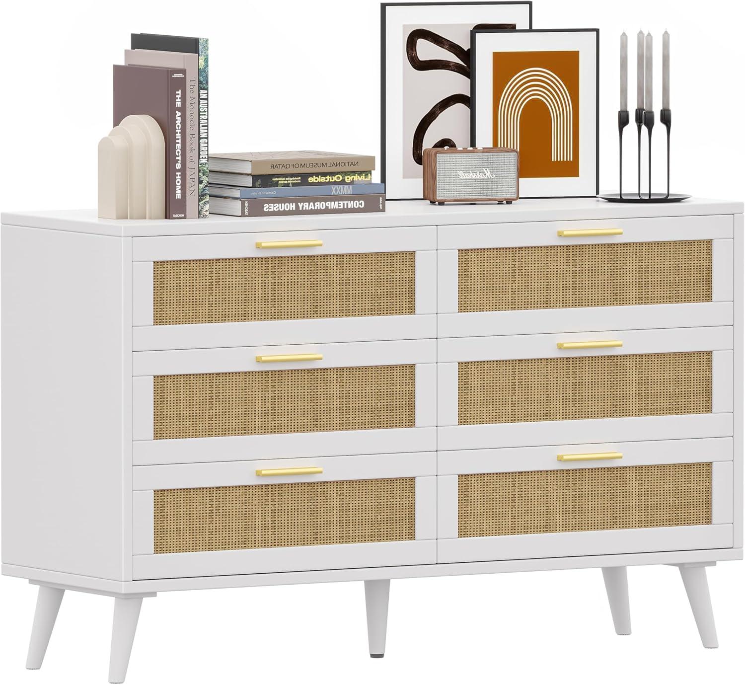 White and Natural Double Dresser with Rattan Drawers