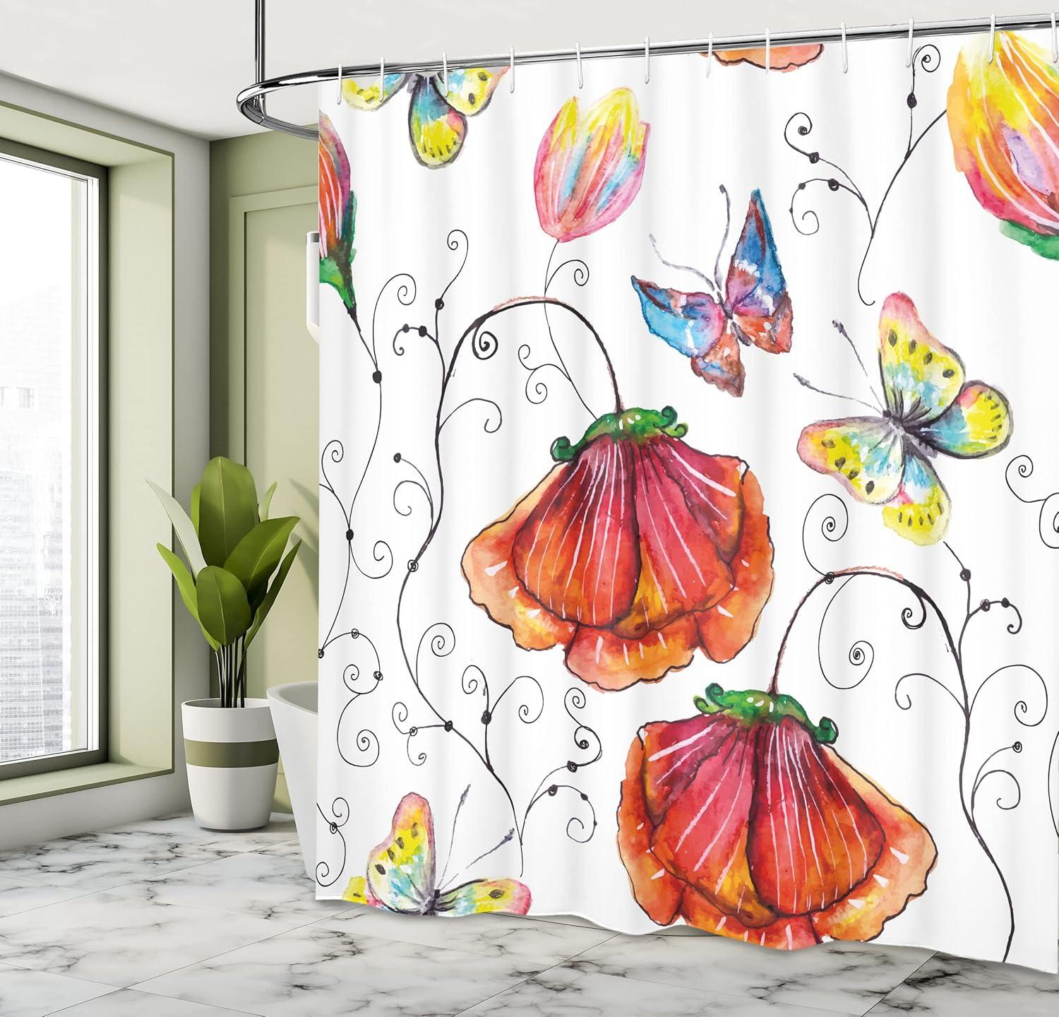 Watercolor Floral and Butterfly Polyester Shower Curtain, 69" W x 70" L, Multicolor