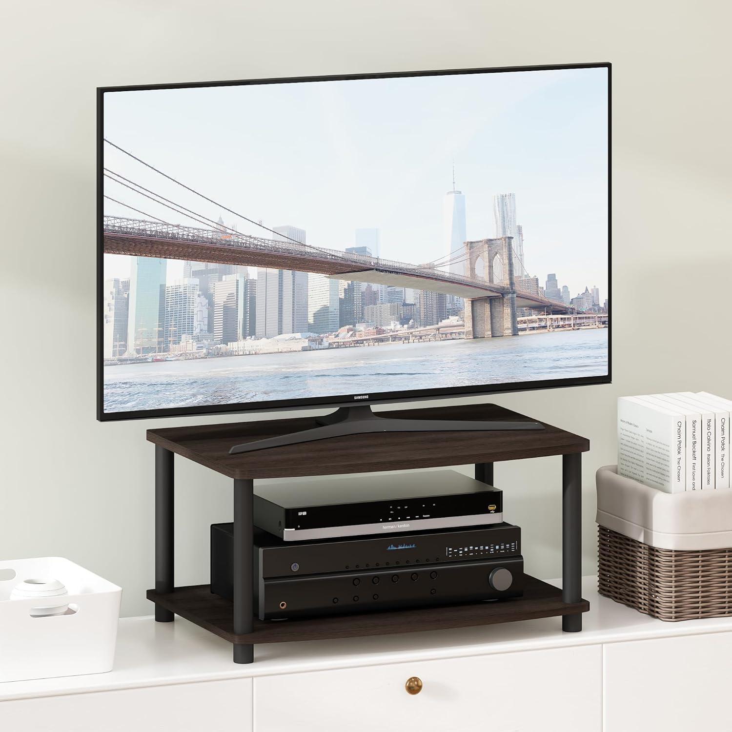 Furinno Industrial No Tools Elevated TV Stands with 2-tier Open Storage Shelves TV Console for TVs up to 25 inch Dark Brown/Black