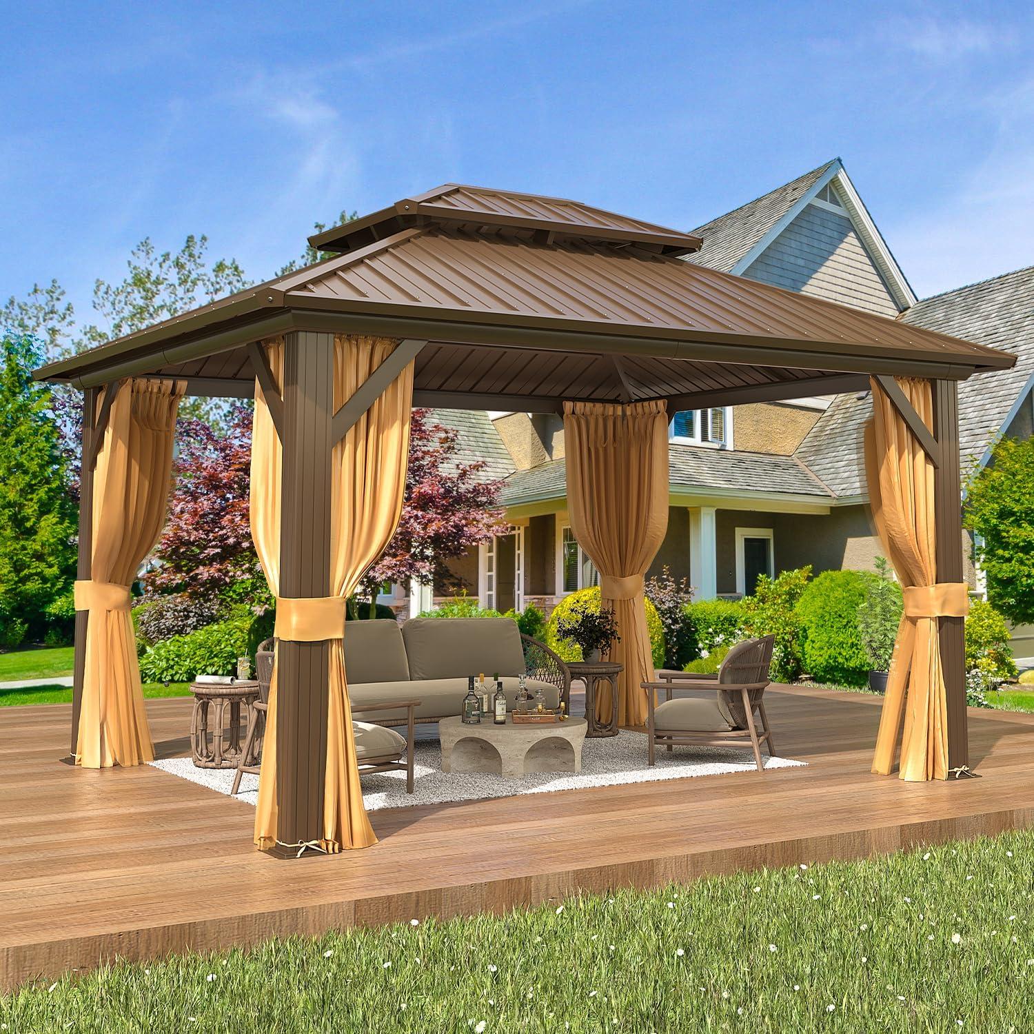 Erinnyees Gazebo 10’x12’W/Steel Double Roof, Wooden-looking Coated Aluminum Frame Waterproof Pavilion, Curtains & Netting Included Hardtop Gazebo for Patio Backyard Garden Lawn Parties, Brown