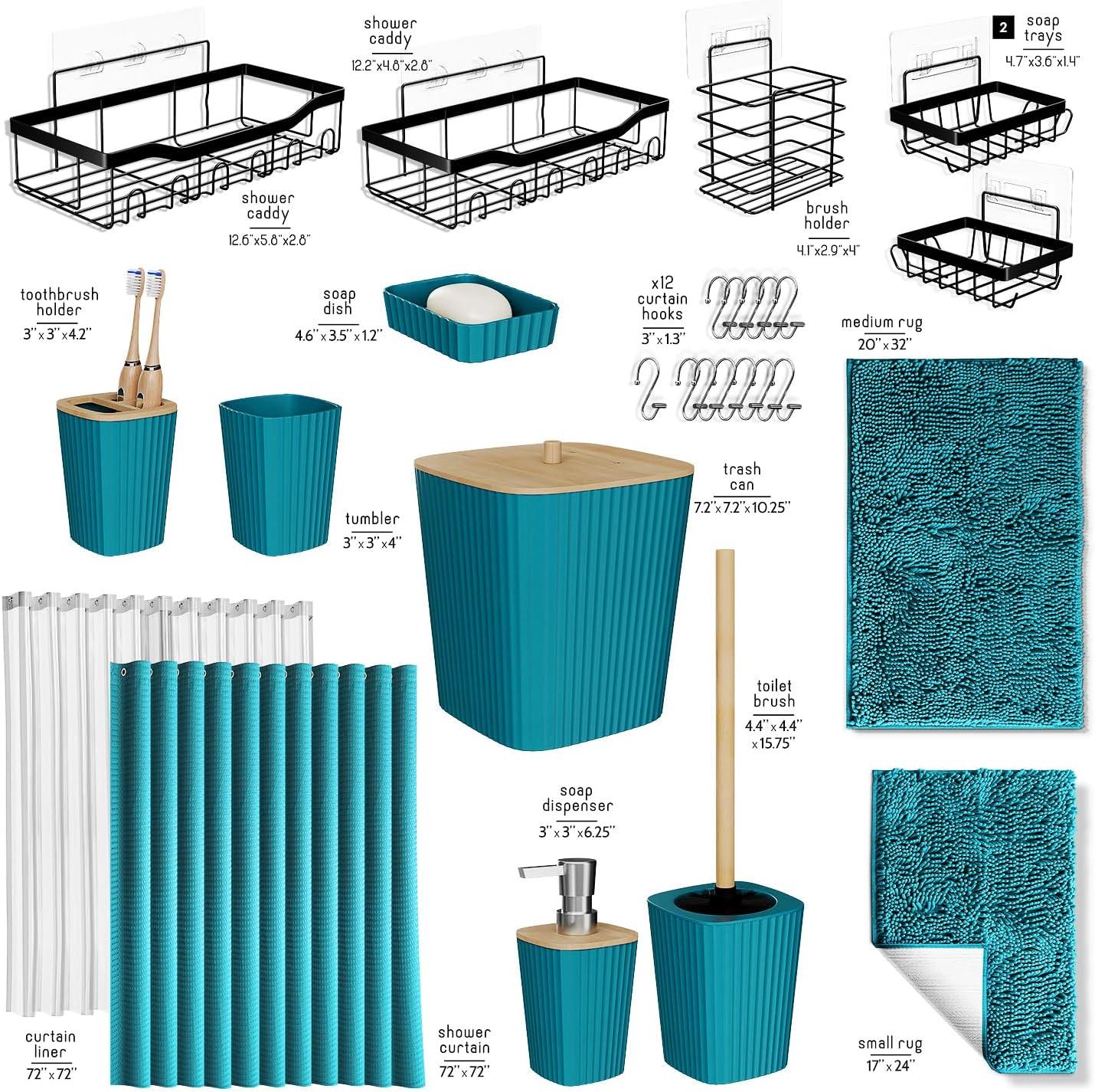 Bathroom Accessories Set with Shower Caddy and Bath Rugs - 27PC Bathroom Accessory Set with Shower Caddies & Teal Bath Rugs, Shower Curtain Set