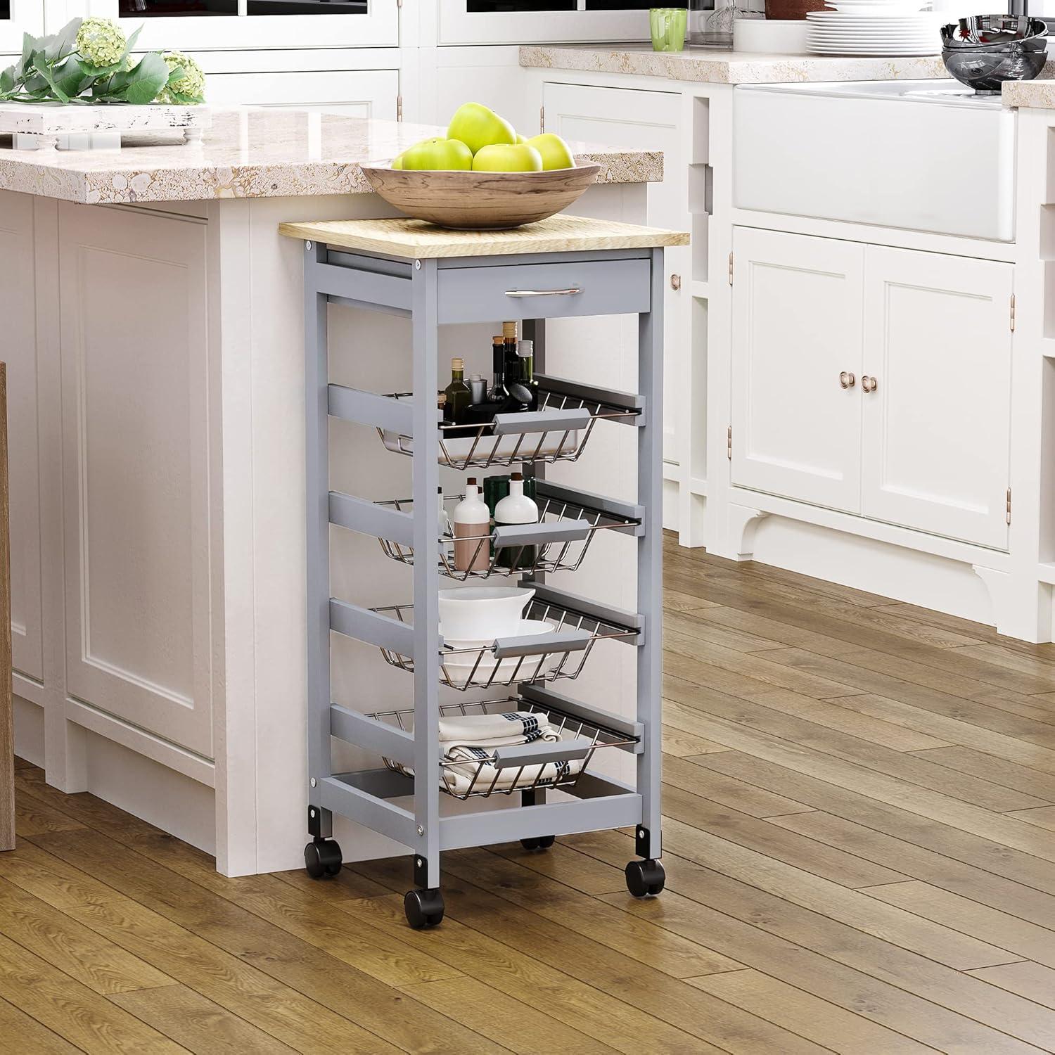 HOMCOM 32.25" Wooden Rolling Kitchen Storage Cart, Trolley Cart on 360° Swivel Wheels with Storage Drawer, Gray