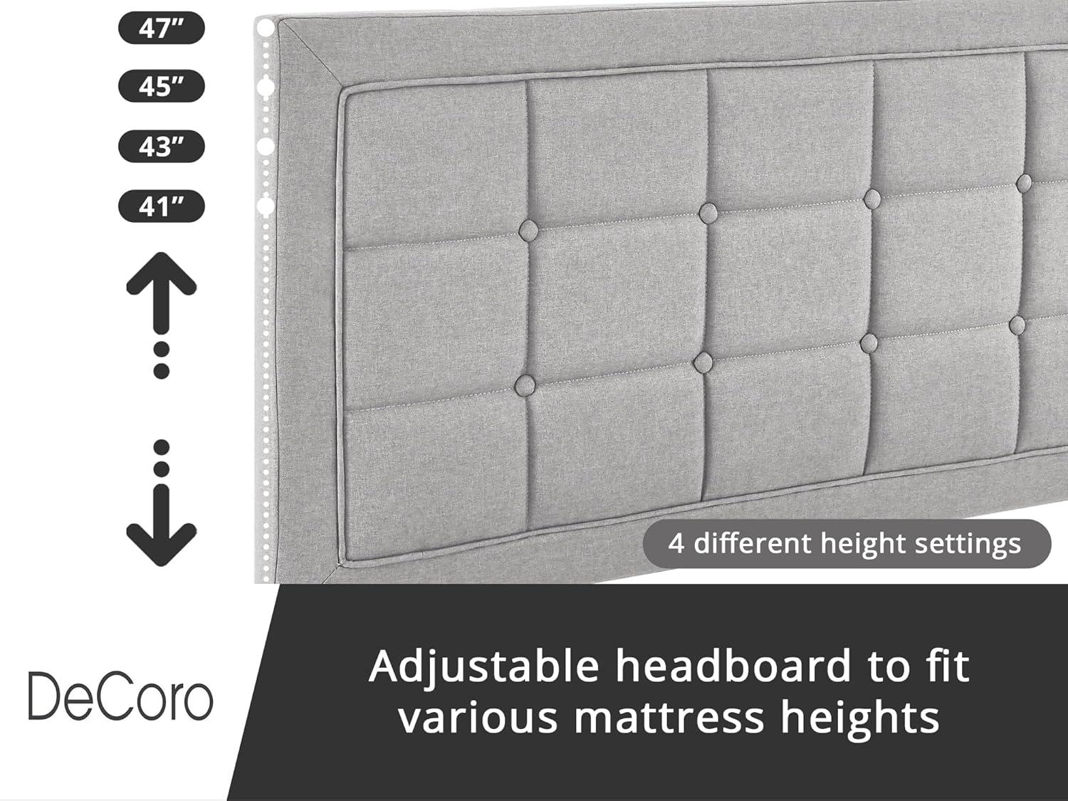 DeCoro Mornington Upholstered 2.0 Platform Full Size Bed Frame with Headboard for Indoor Use, Bedrooms, and Sleep Essentials, Queen, Grey