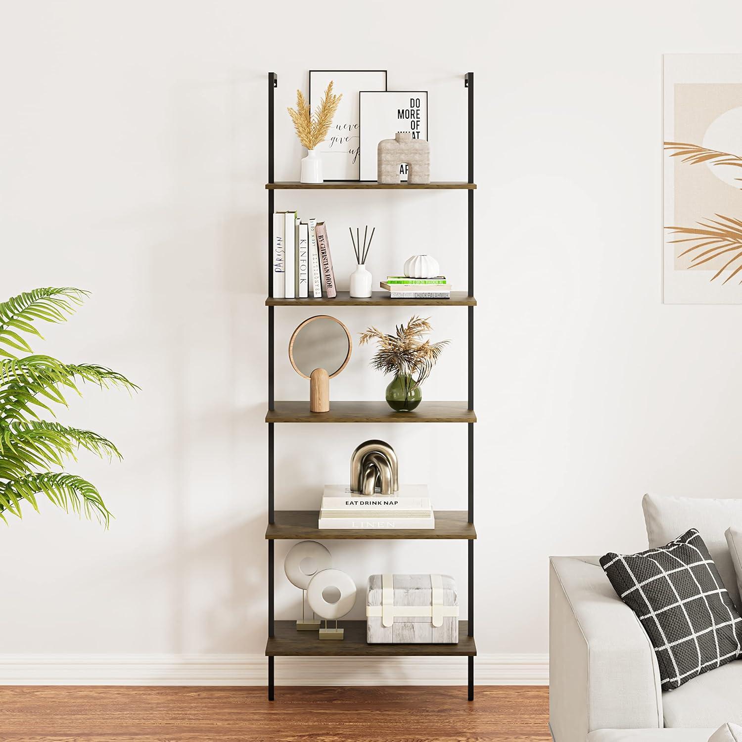 5-Tier Brown and Black Wall-Mounted Ladder Shelf