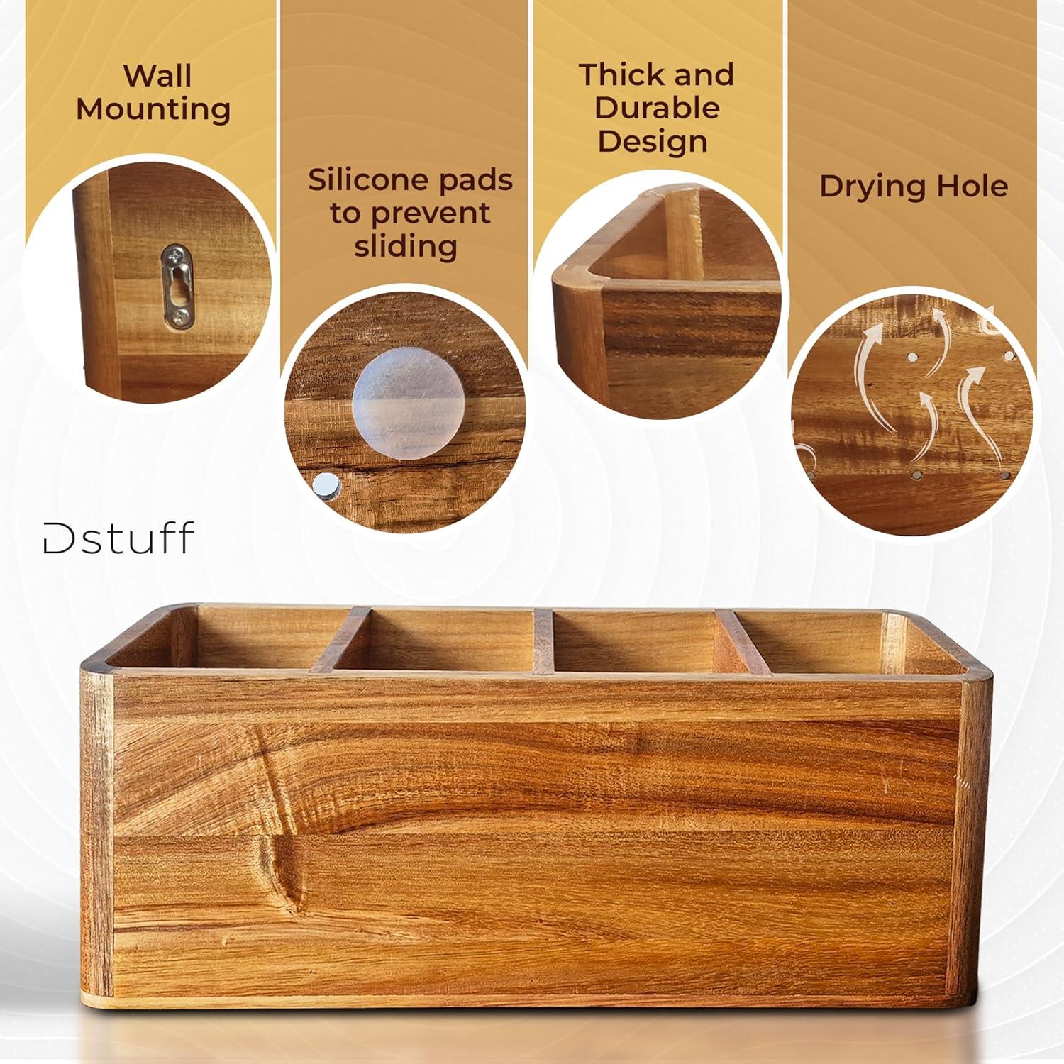 Large Kitchen Utensil Holder Organizer for Counter or Countertop, Large Wooden Utensil Holder for Storage Cooking and Silverware with 3 Compartment, Acacia Rustic Wood Container Extra Large