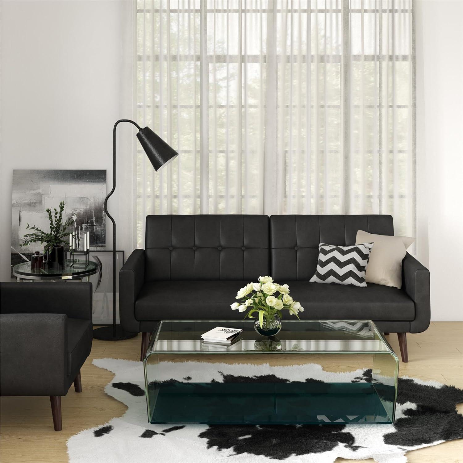 Nia Black Faux Leather Tufted Sleeper Sofa with Wood Legs