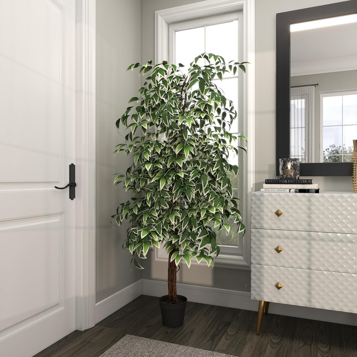 DecMode 73" Artificial Ficus Tree in Realistic Leaves and Black Plastic Pot