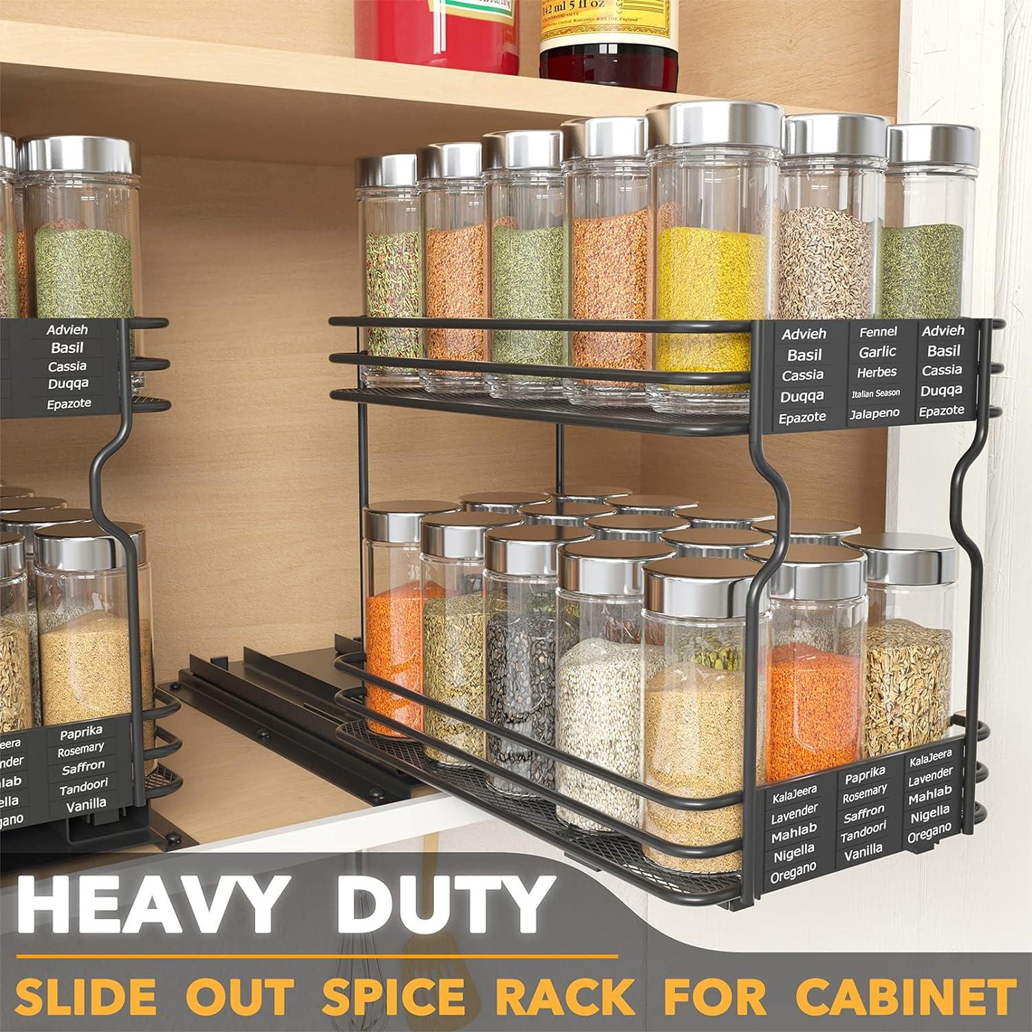 SpaceAid Heavy Duty Pull-Out Spice Rack Organizer for Cabinets – Slide-Out Seasoning Holder with Labels, 1 Drawer, 2-Tier