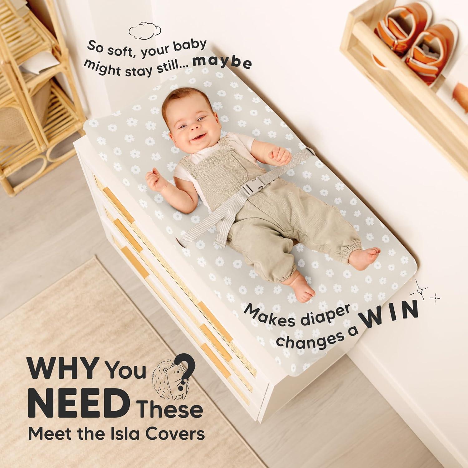 2pk Isla Changing Pad Covers for Girl, Boy, Soft Contoured Diaper Changing Table Pad Cover Sheets Neutral (Meadow)