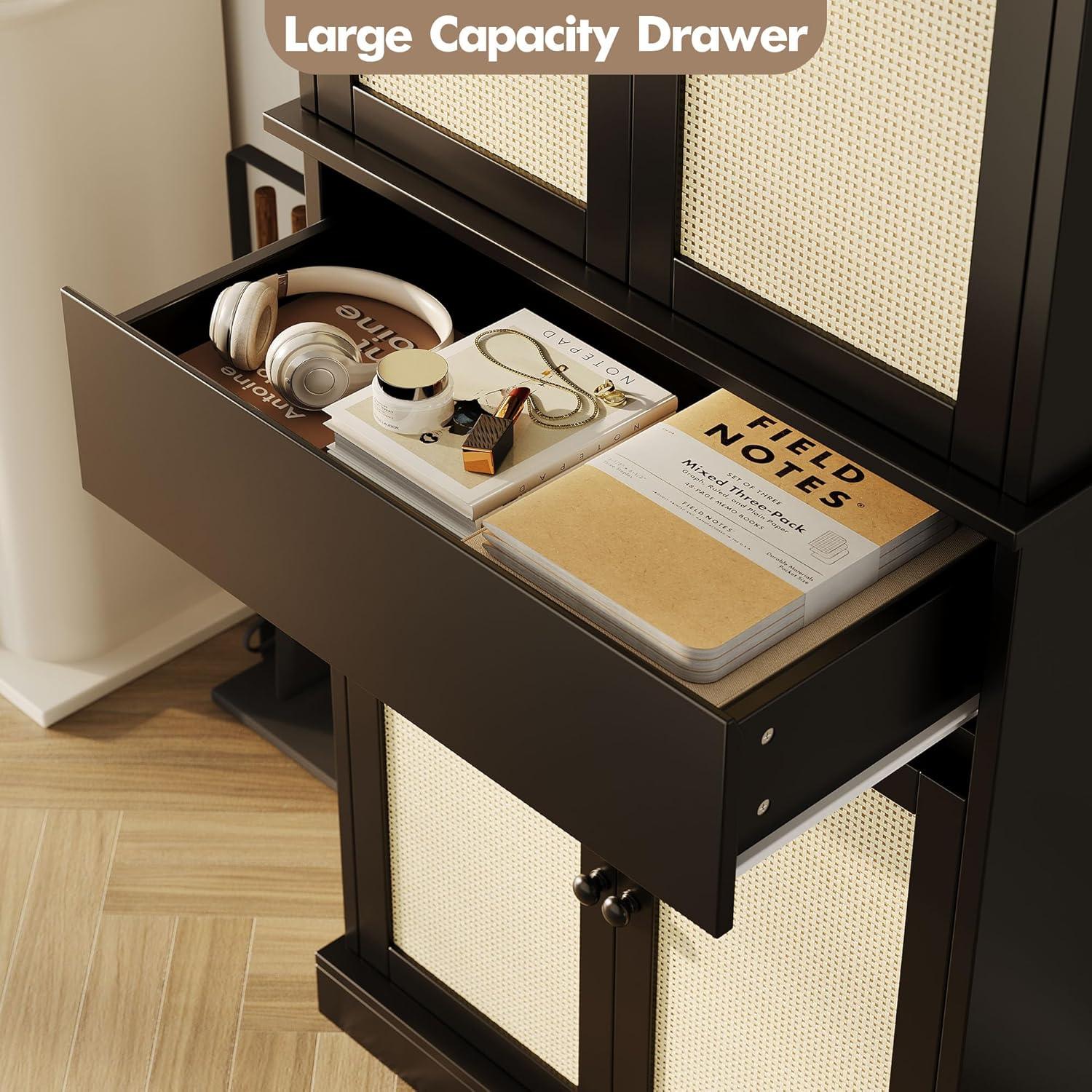 Tall Kitchen Pantry Cabinet 69" Storage Cabinet with Rattan Doors, Drawer and Adjustable Shelves, Cupboard for Bathroom Dining Room, Black