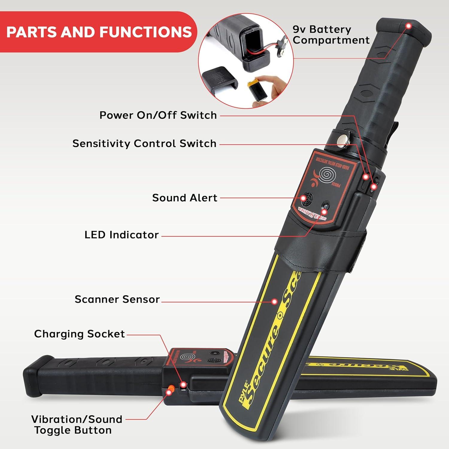PYLE Handheld Metal Detector Security Wand - Portable Battery Operated Super Security Scanner w/ Adjustable Sensitivity, Sound Vibration Alerts, Detects Weapons, Knives & Other Metal Objects - PMD38