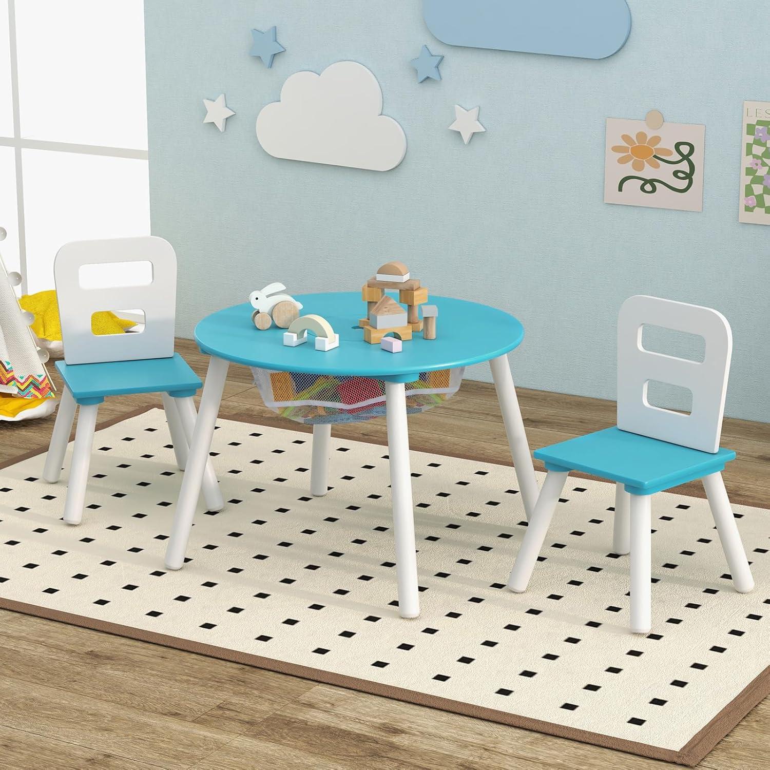 INDSUMOT Kids Table and Chair Set, Wooden Children Activity Table and 2 Chairs for Art & Craft, Storage Mesh Basket, 3-Piece Toddler Furniture Set for Daycare & Playroom, Gift for Boys Girls(Blue)