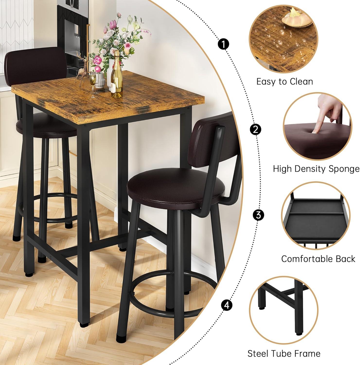 Recaceik 3 Piece Pub Dining Set, Modern Bar Table and Stools for 2 Kitchen Counter Height Wood Top Bistro Easy Assemble for Breakfast Nook Living Room Small Space Restaurant, Rustic Brown