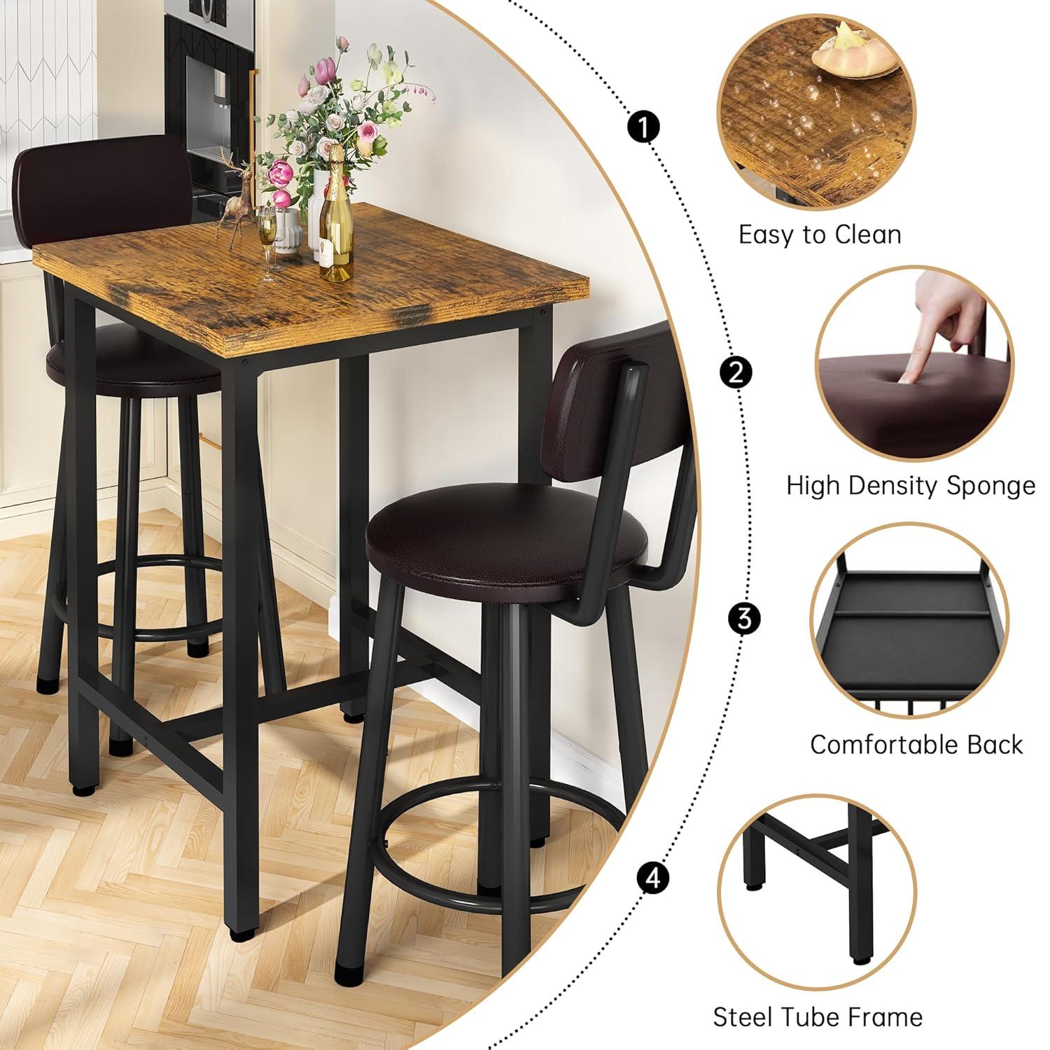TiaGOC 3 Piece Pub Dining Set, Modern bar Table and Stools for 2 Kitchen Counter Height Wood Top Bistro Easy Assemble for Breakfast Nook Living Room Small Space Restaurant, Rustic Brown 24”