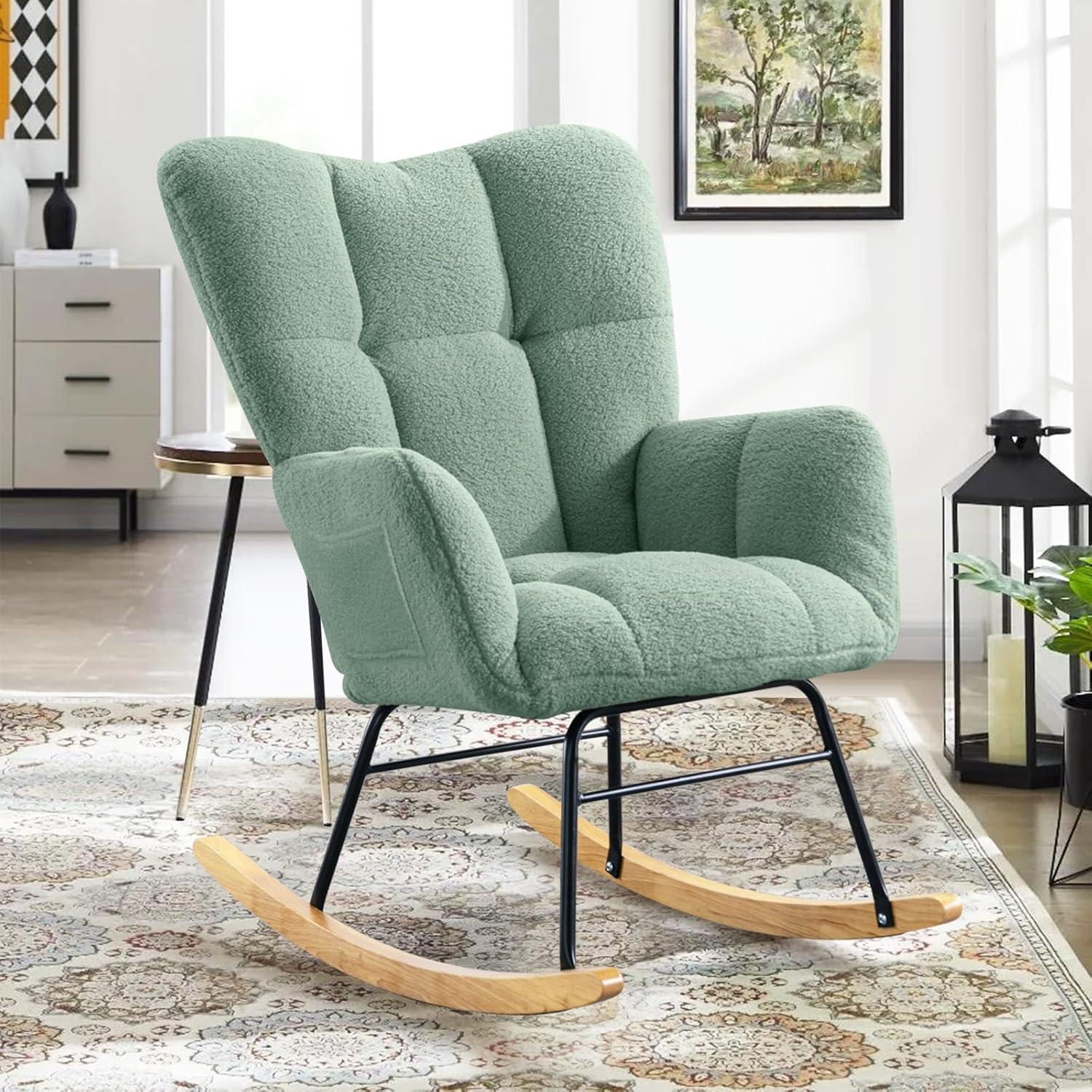 Nursery Rocking Chair Teddy, Upholstered Glider Rocker with High Backrest, Comfortable Stylish Accent Armchair with Padded Seat for Living Rooms, Bedrooms, Offices