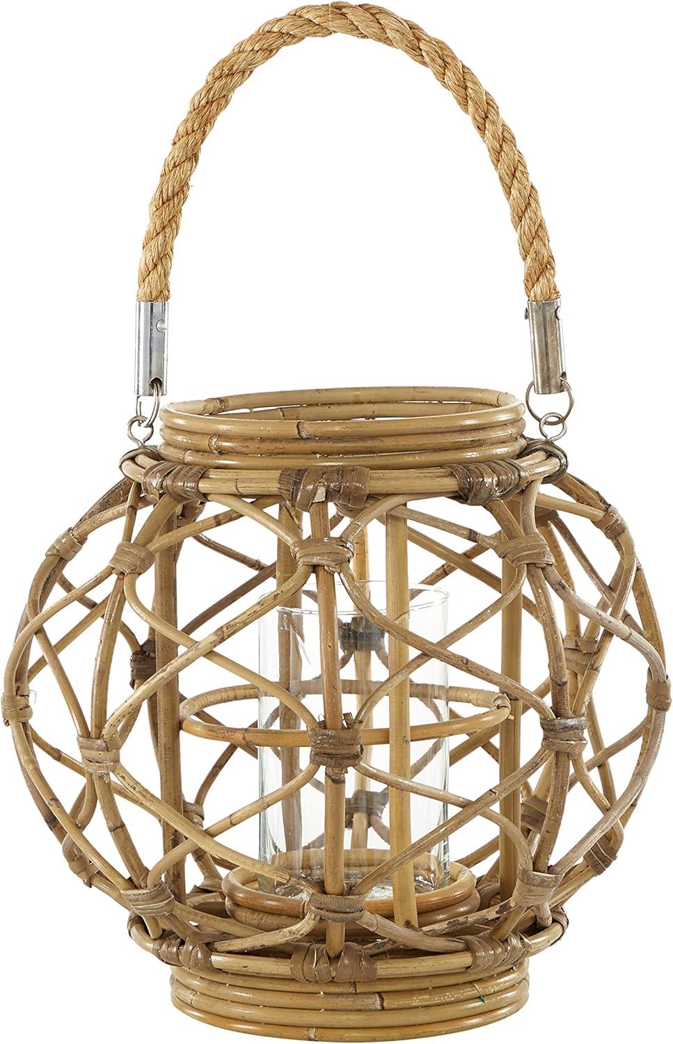 Ellipse-Shaped Rattan and Burlap Rope Hanging Lantern, 13''