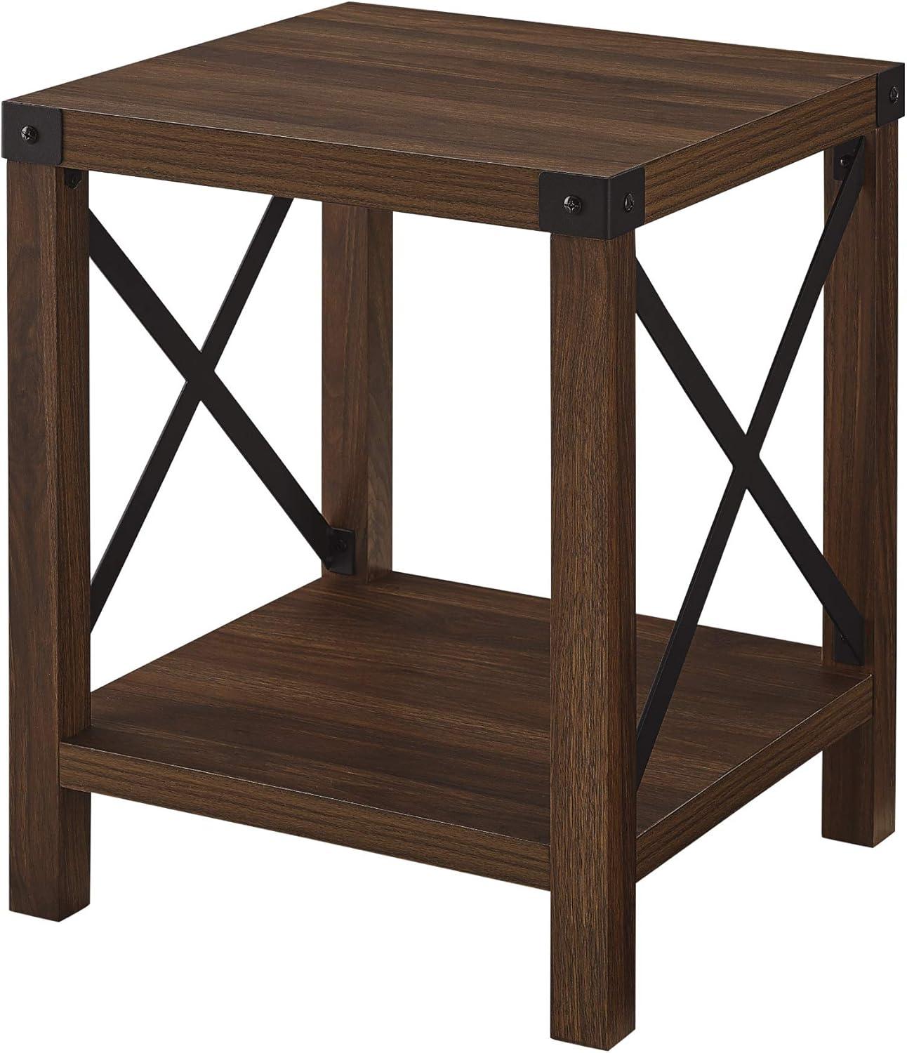 Rustic Farmhouse 18" Square Wood & Metal X-Accent Side Table in Dark Walnut