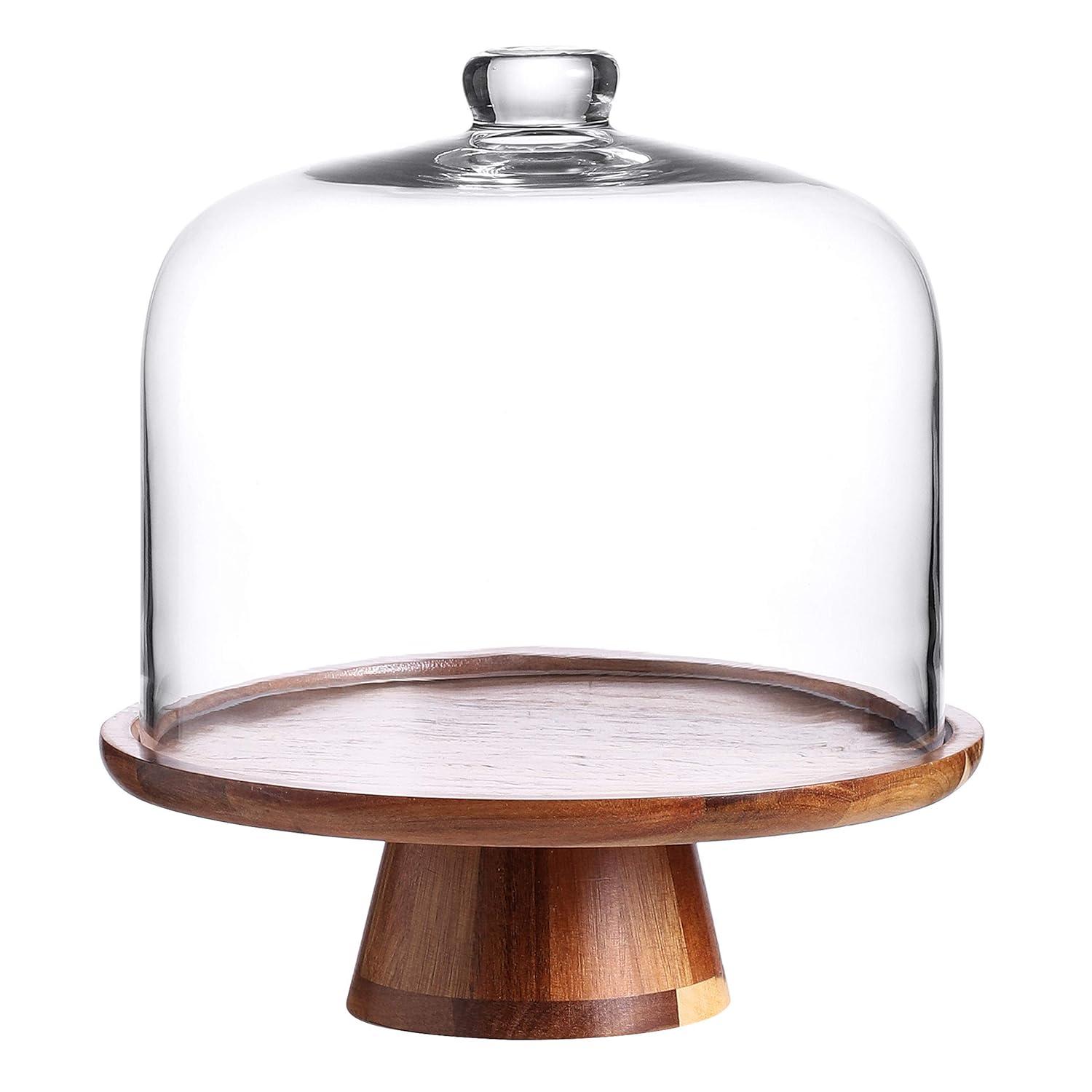 Whole Housewares 11" x 11" Acacia Wood Flat Round Server Cake Stand with Dome - Clear