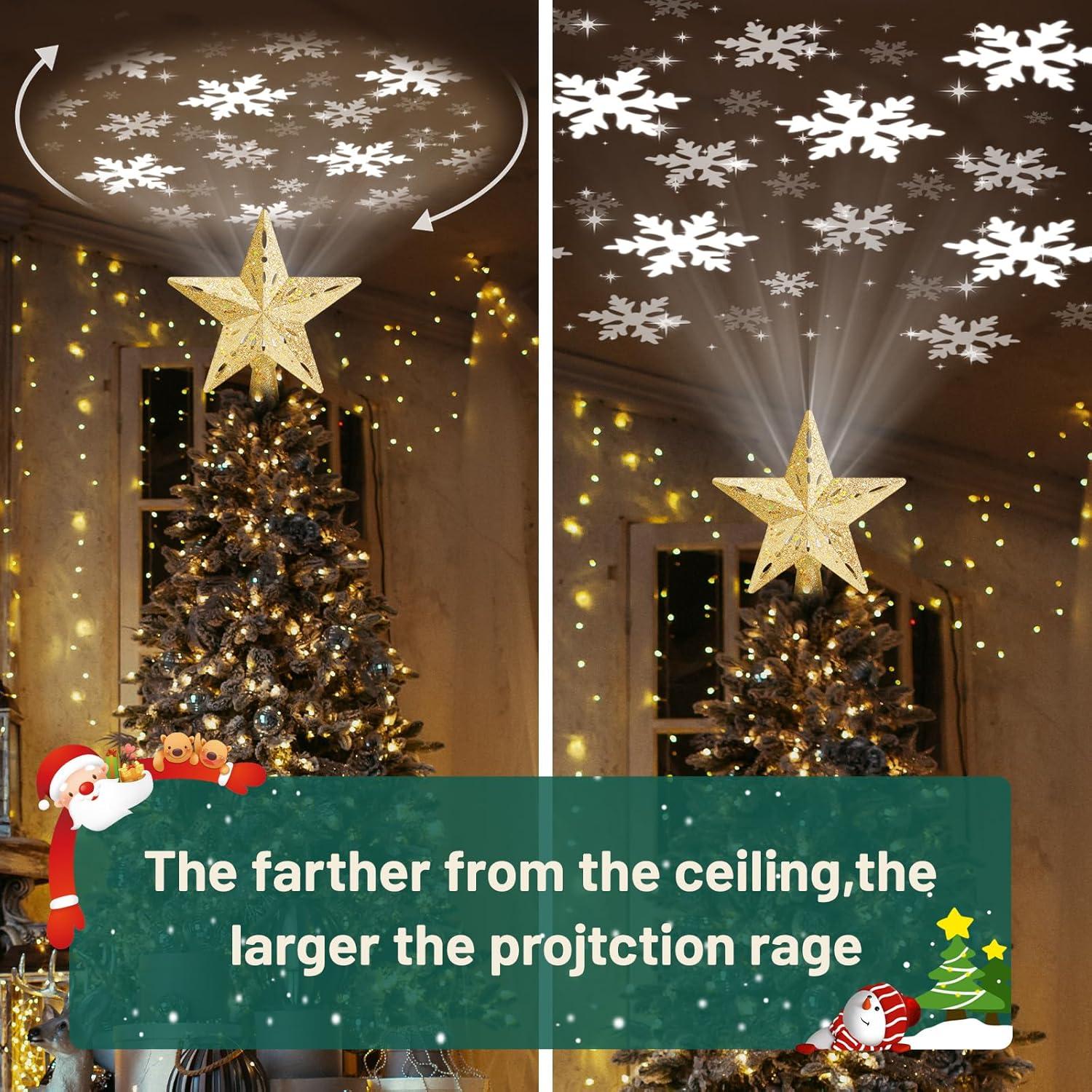 HOUFIY Christmas Tree Topper Lighted with 6 Projection Modes Star Tree Topper Built-in LED Rotating 3D Lighted Glitter Star Decorations Projector Tree Topper for Christmas Tree