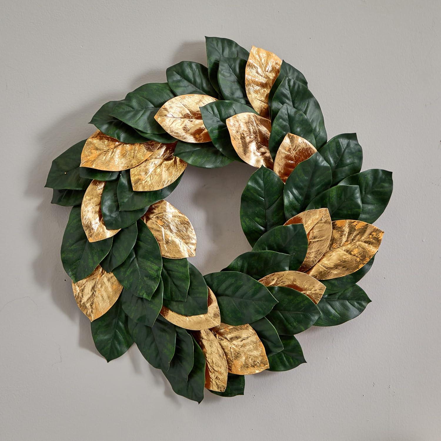 22" Artificial Magnolia Leaf Wreath Gold - Nearly Natural: Indoor Winter Decor