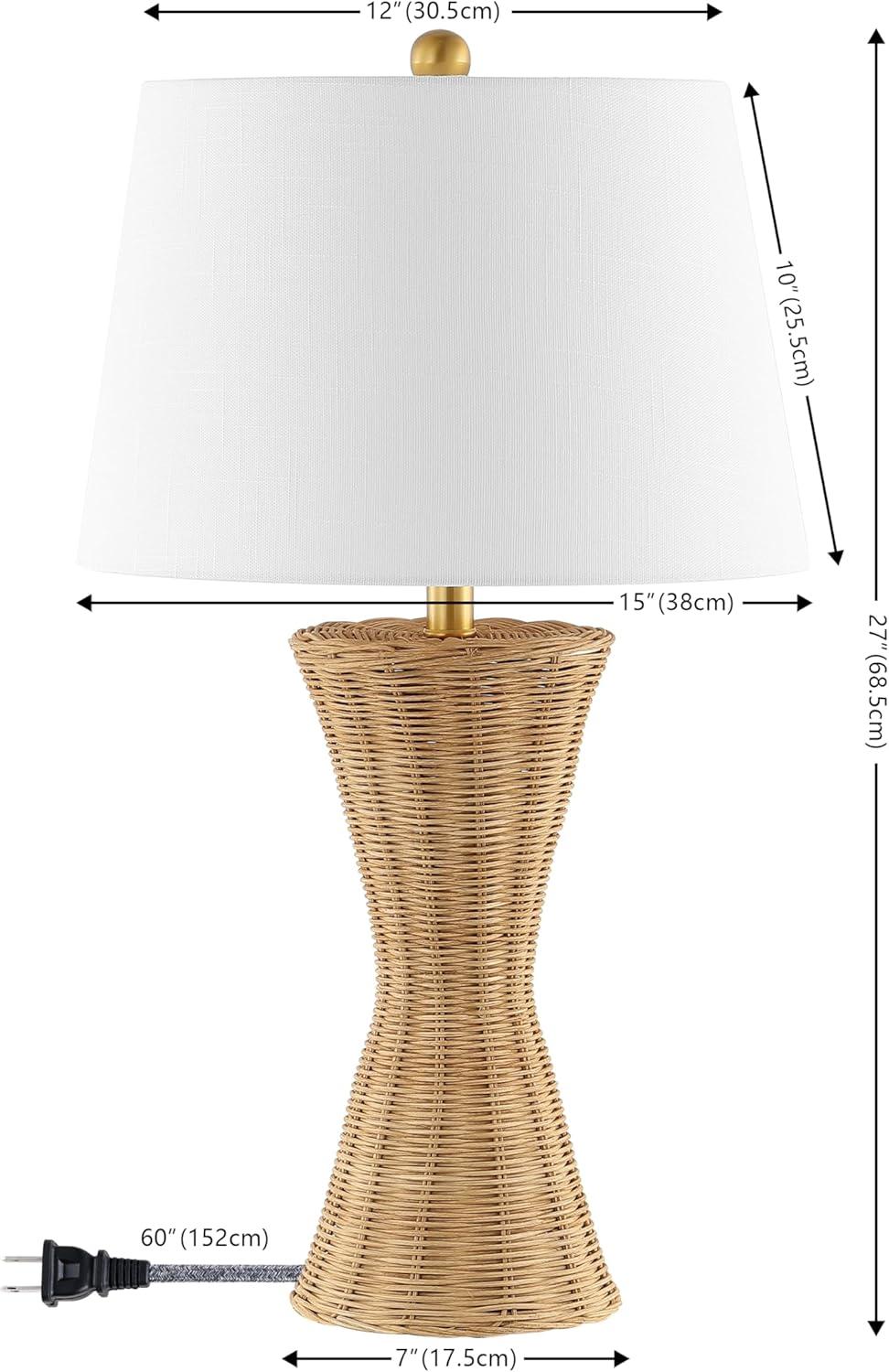 Laura 27 in. Coastal Designer Iron/Rattan Wicker LED Table Lamp Set with Rattan Base and Linen Shade, Natural (Set of 2)