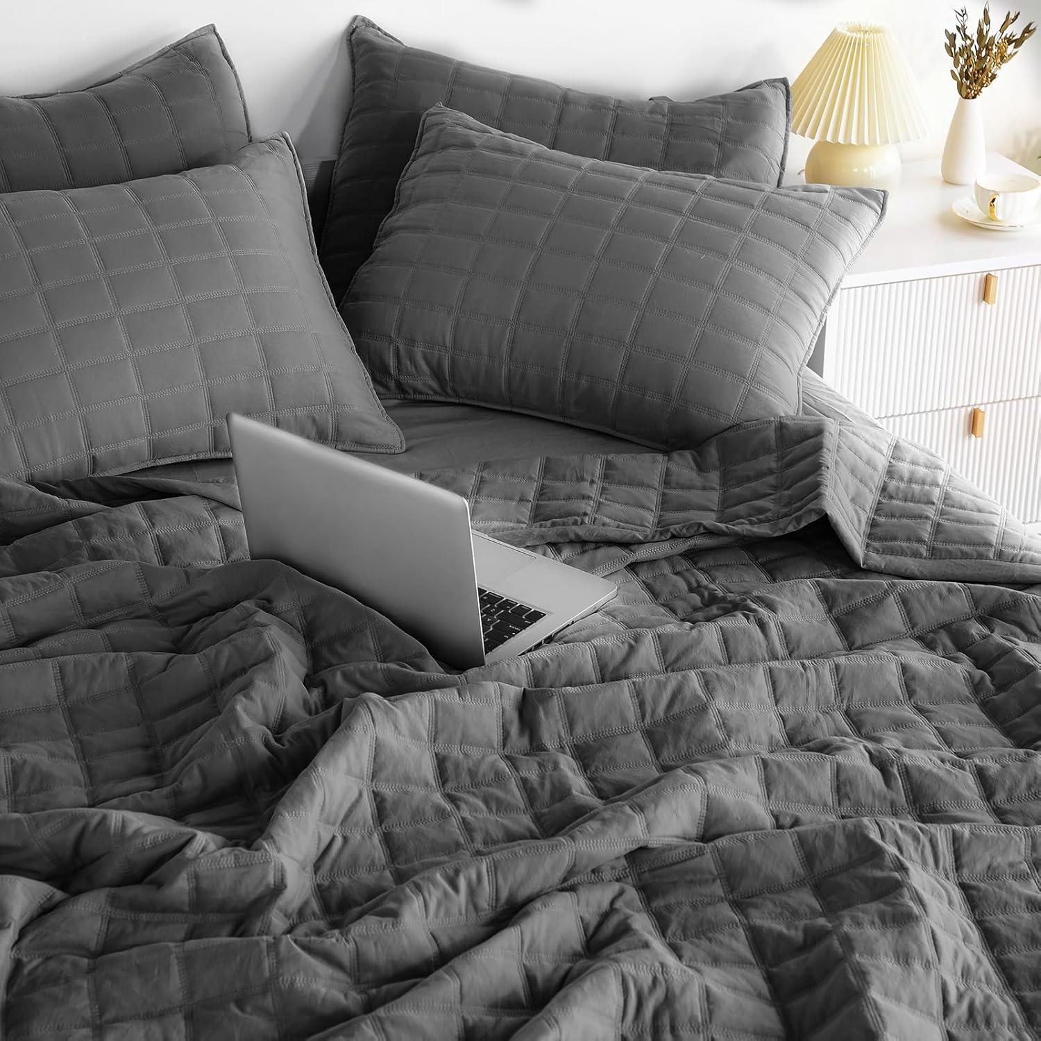 Dark Grey Reversible Microfiber Queen Quilt Set