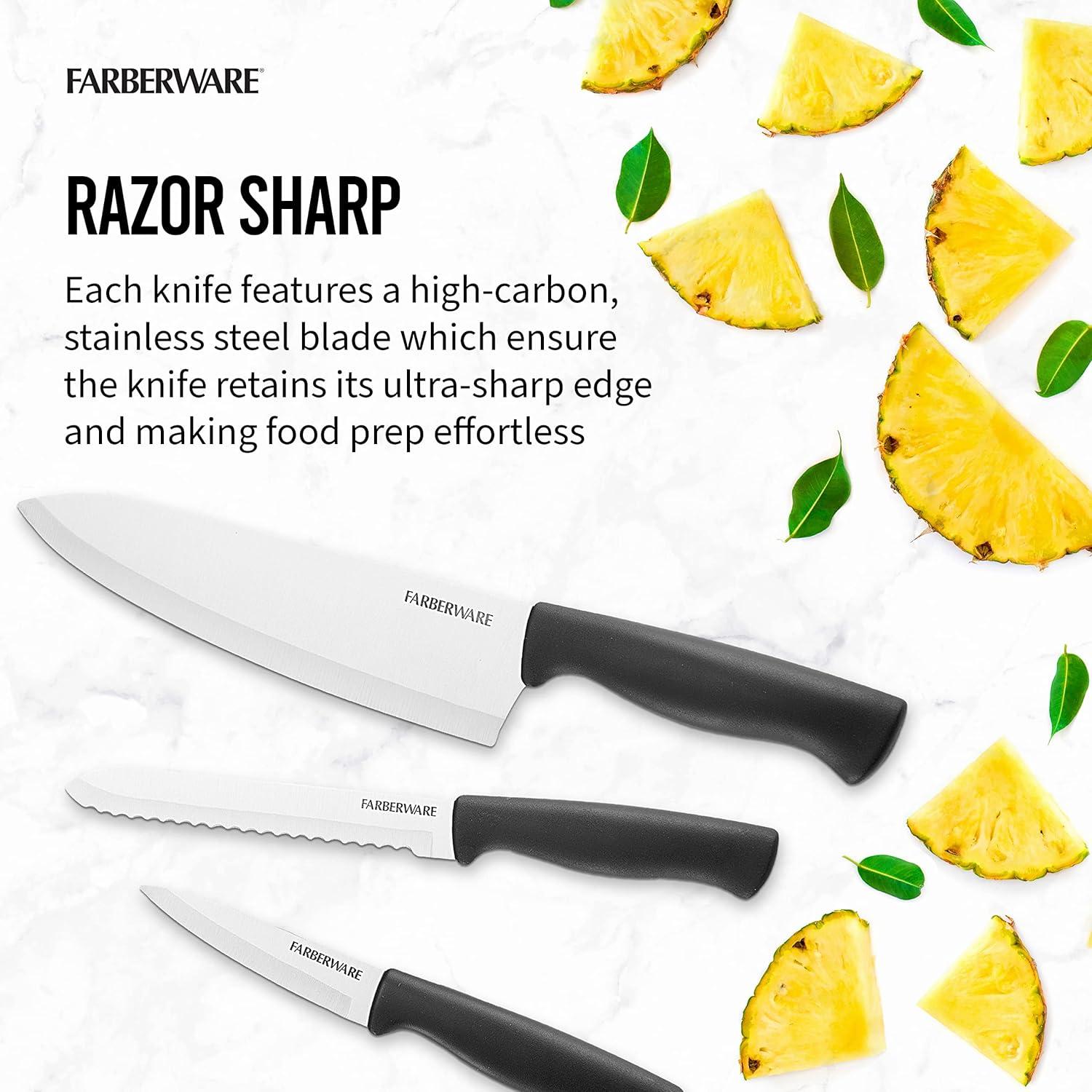 Farberware 3 Piece Chef Knife Set: Stainless Steel Kitchen Knives with Black Polypropylene Handles, Includes Paring & Utility