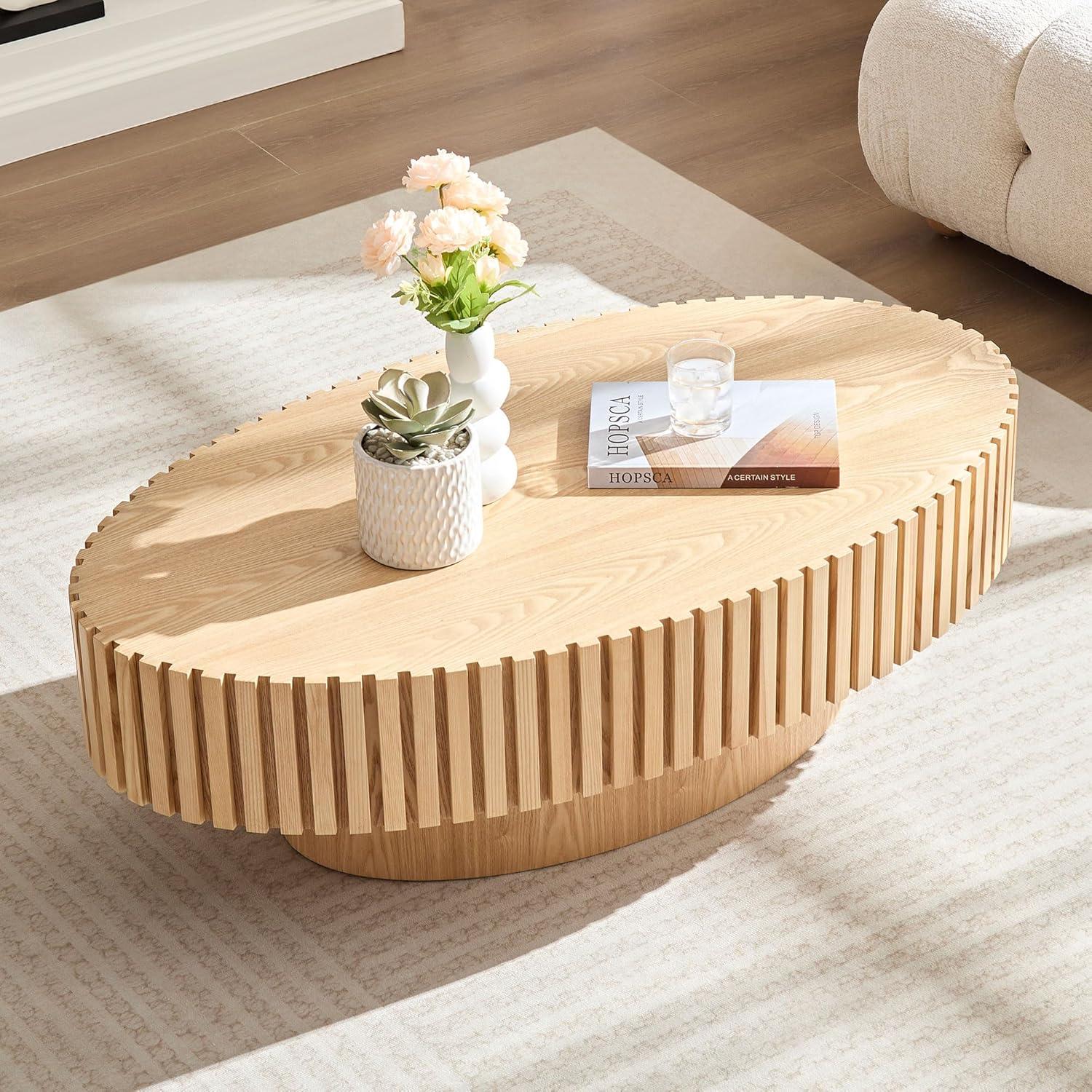 Natural Ash Wood Drum Coffee Table with Pedestal Base