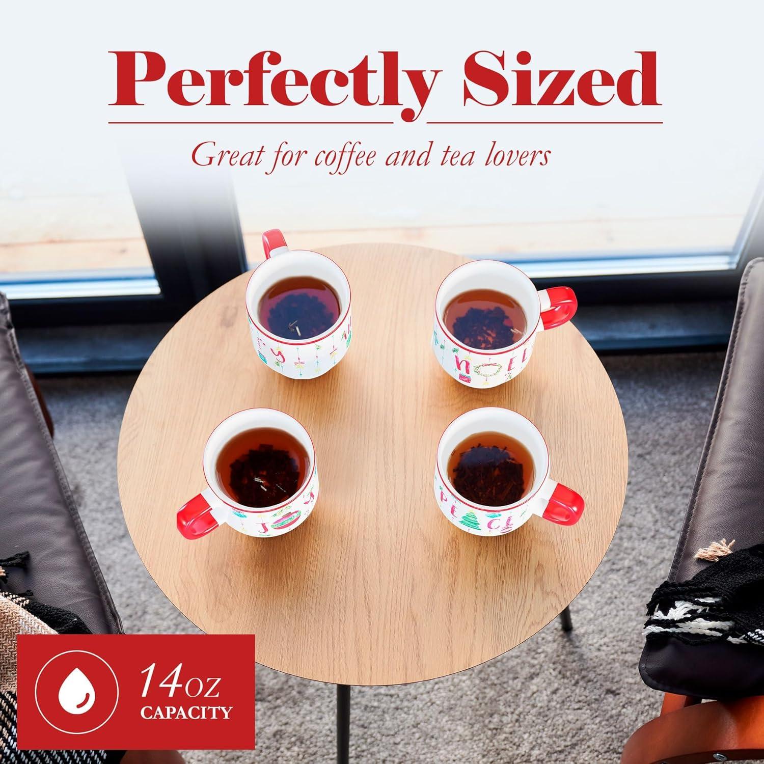 American Atelier 14 Oz Mug Set with Rack (Set of 4) - Stackable Ceramic Mugs, Holiday-Themed Coffee Cup Set for Coffee, Tea, Hot Chocolate - Microwave & Dishwasher Safe, Mug Set for Coffee Lovers