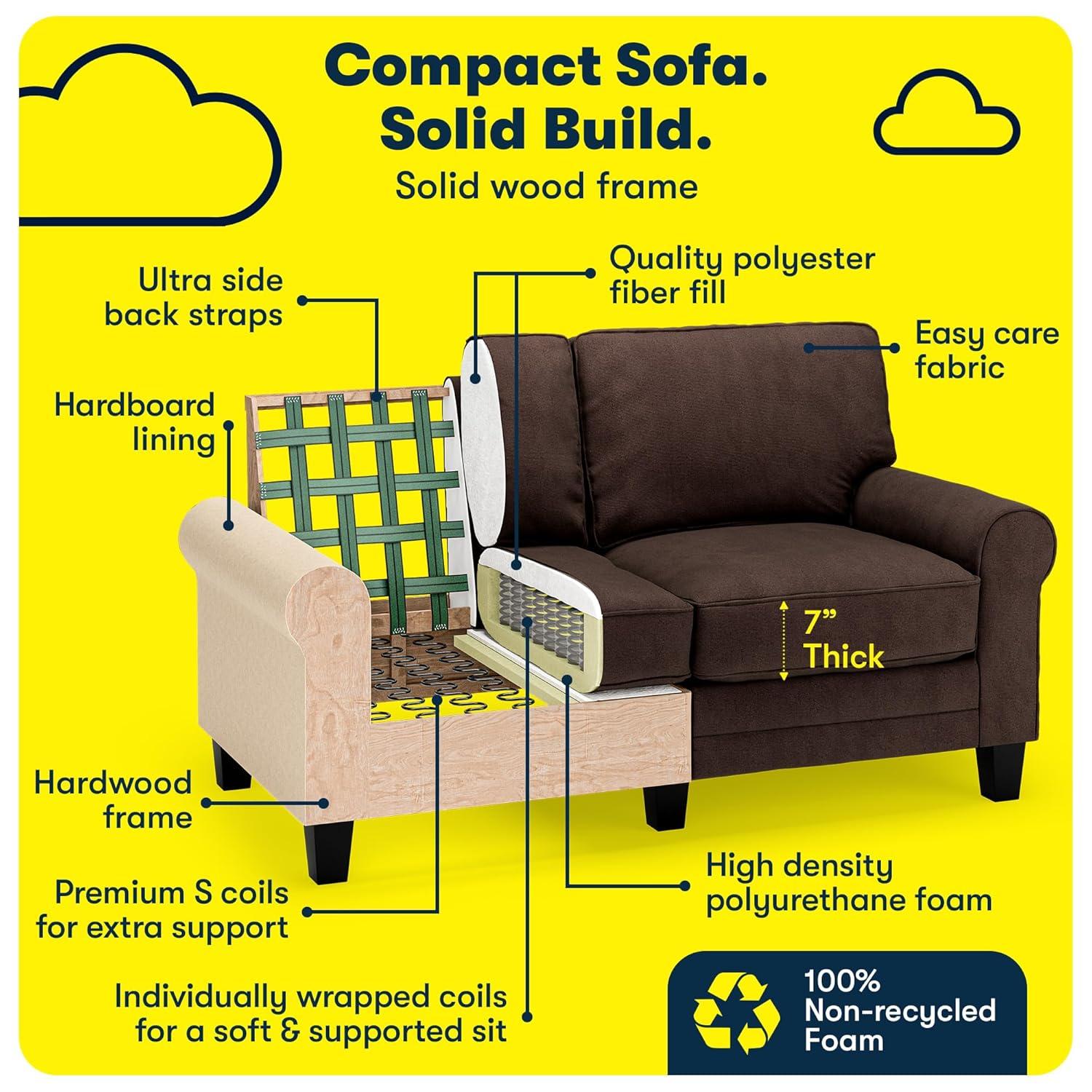 Serta Copenhagen 61" Rolled Arm Sofa, Easy Care Fabric, Soft Pillow Back, Pocket Coil Seat Cushions