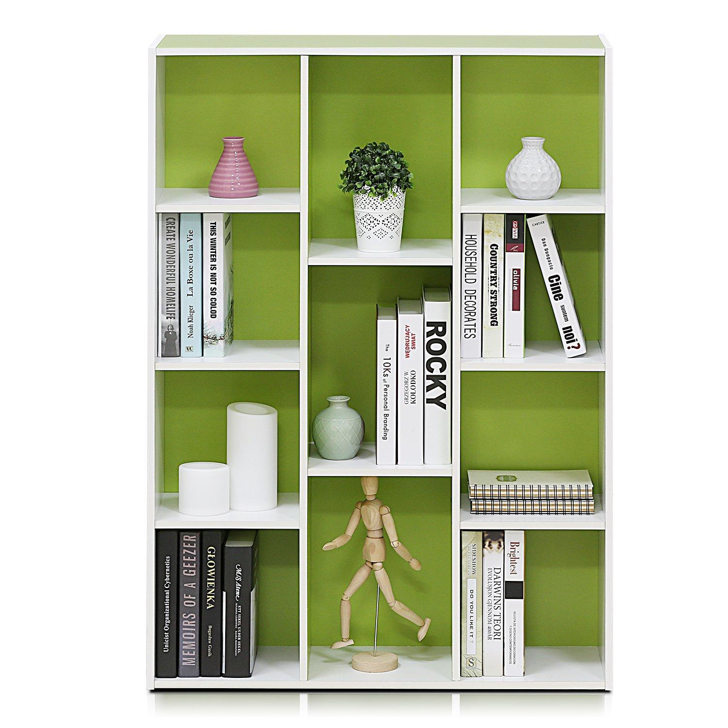 Furinno 3-tier Open Bookcase 11-Cube Floor Standing Storage Shelves Display Cabinet,Green