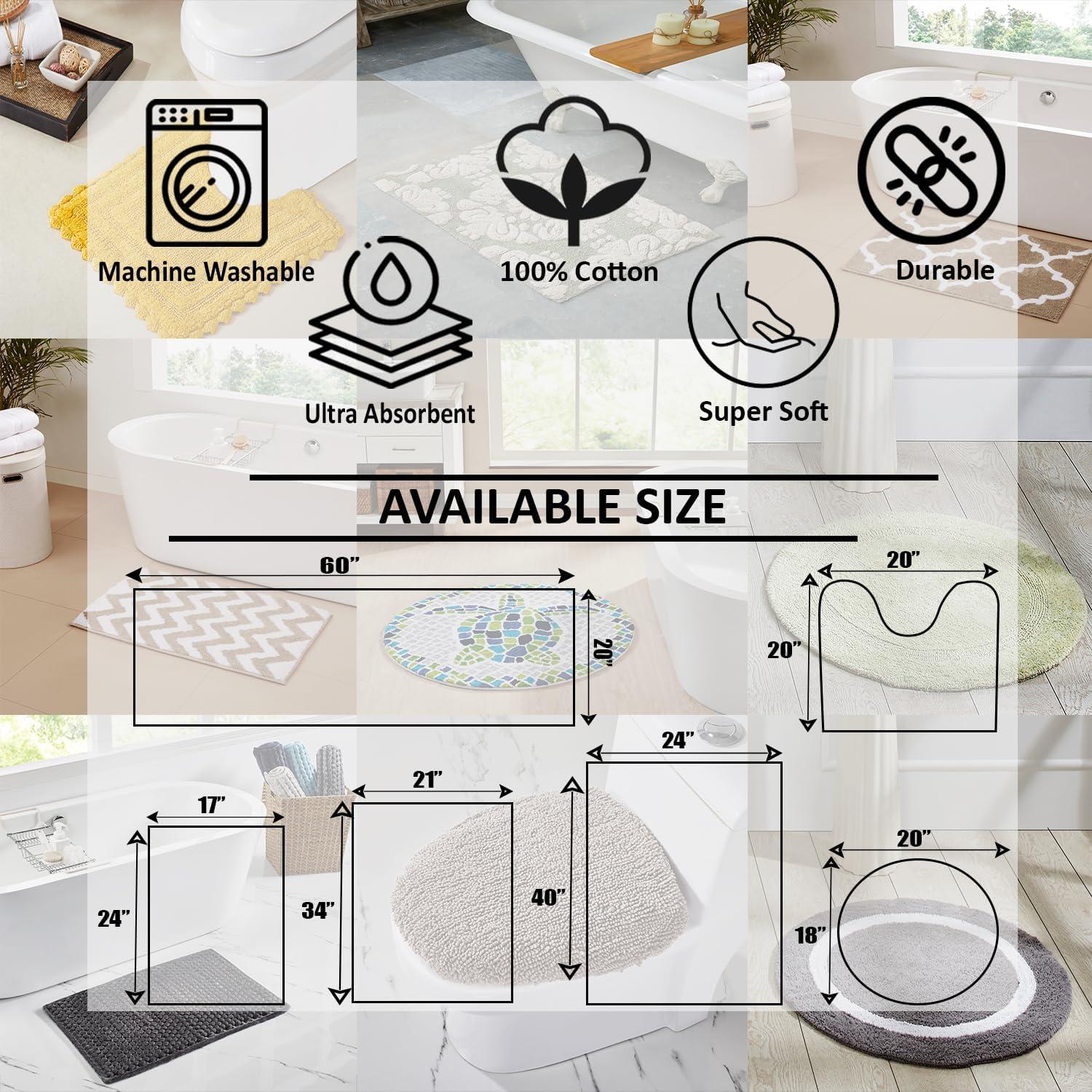 Better Trends 2 Piece Bathroom Rug Set 100% Cotton Non-Slip Washable Bath Mat, Soft & Absorbent Bath Rugs for Bath Room, Shower, Bathtub & Spa Floors Silver Trier Collection