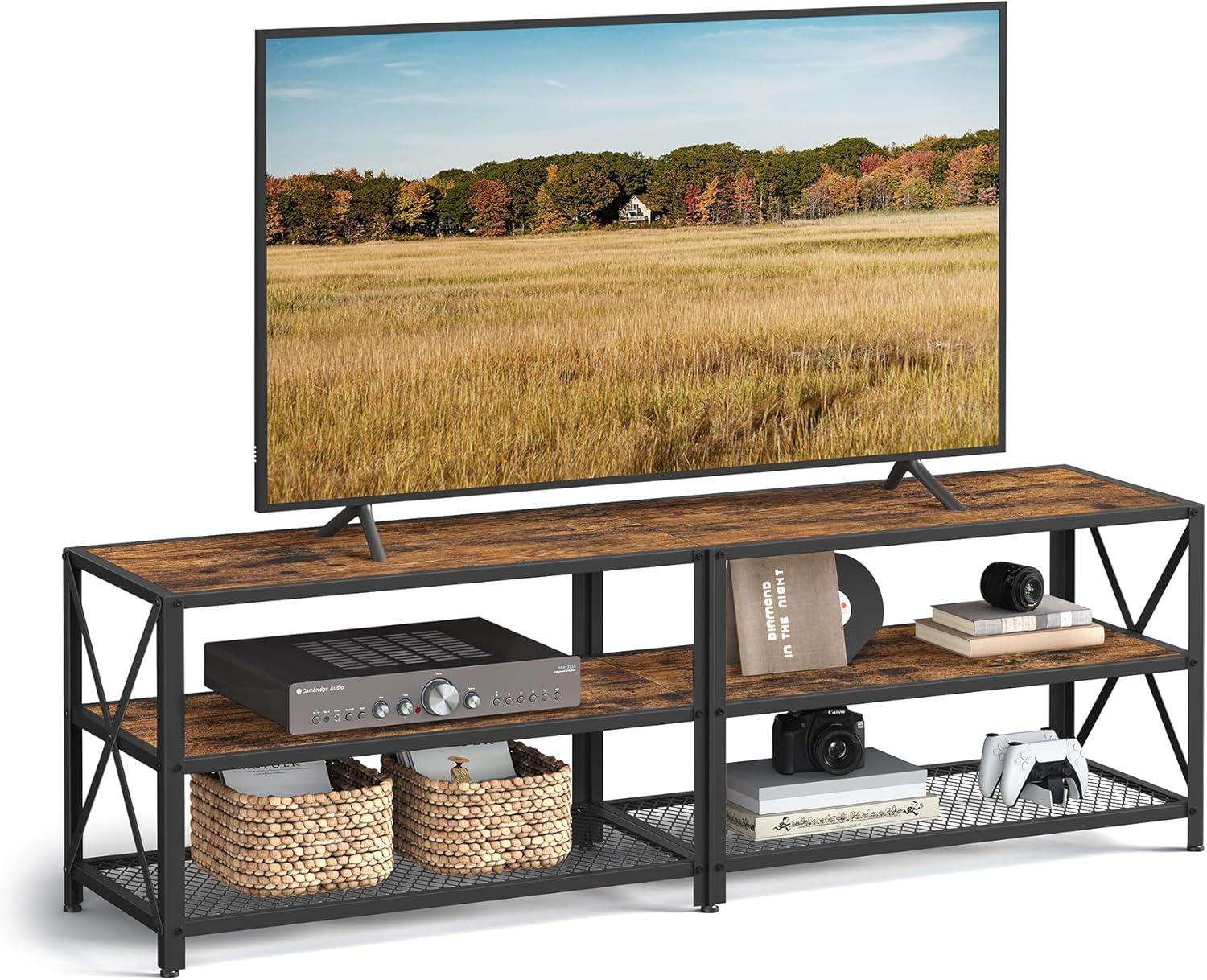 Rustic Brown and Black Steel Frame TV Stand with Shelves