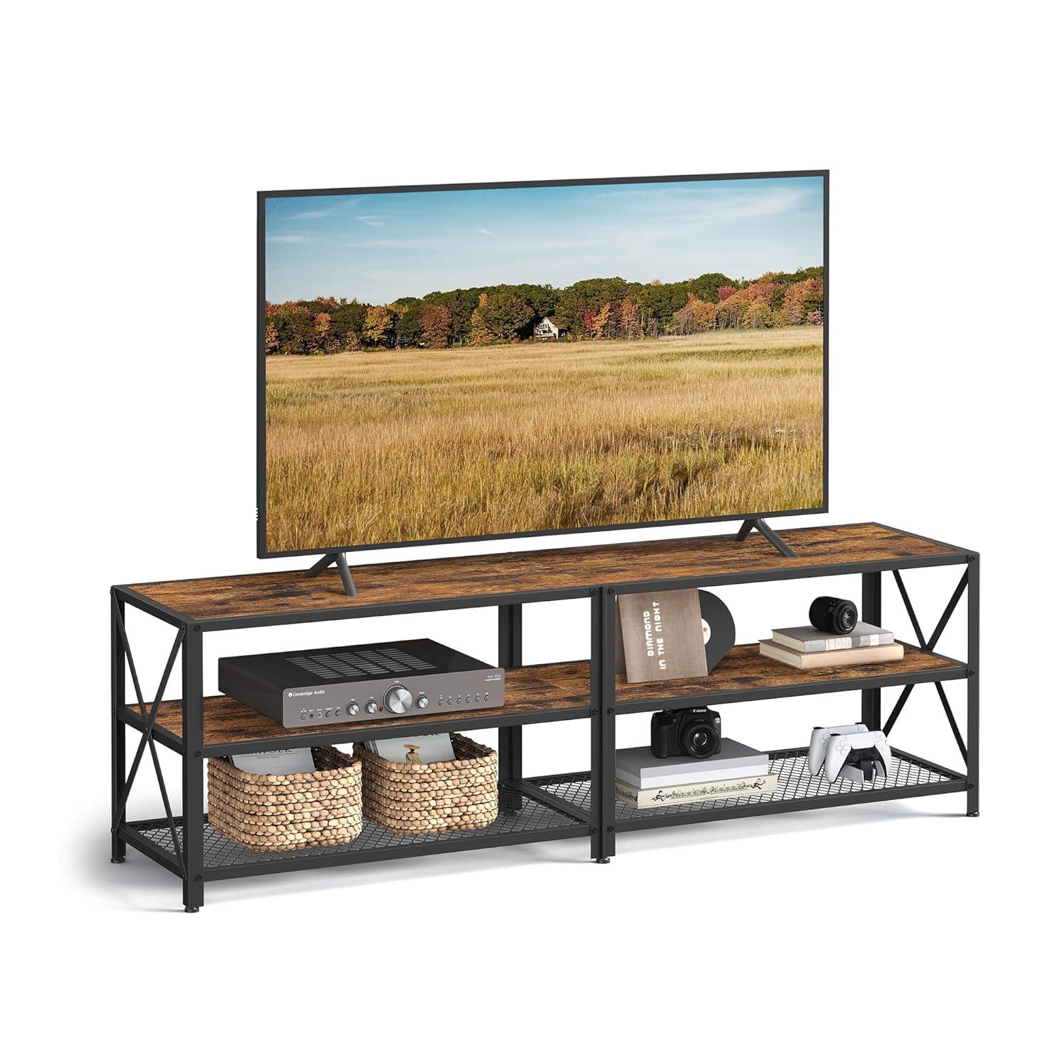 Rustic Brown and Black Steel Frame TV Stand with Shelves