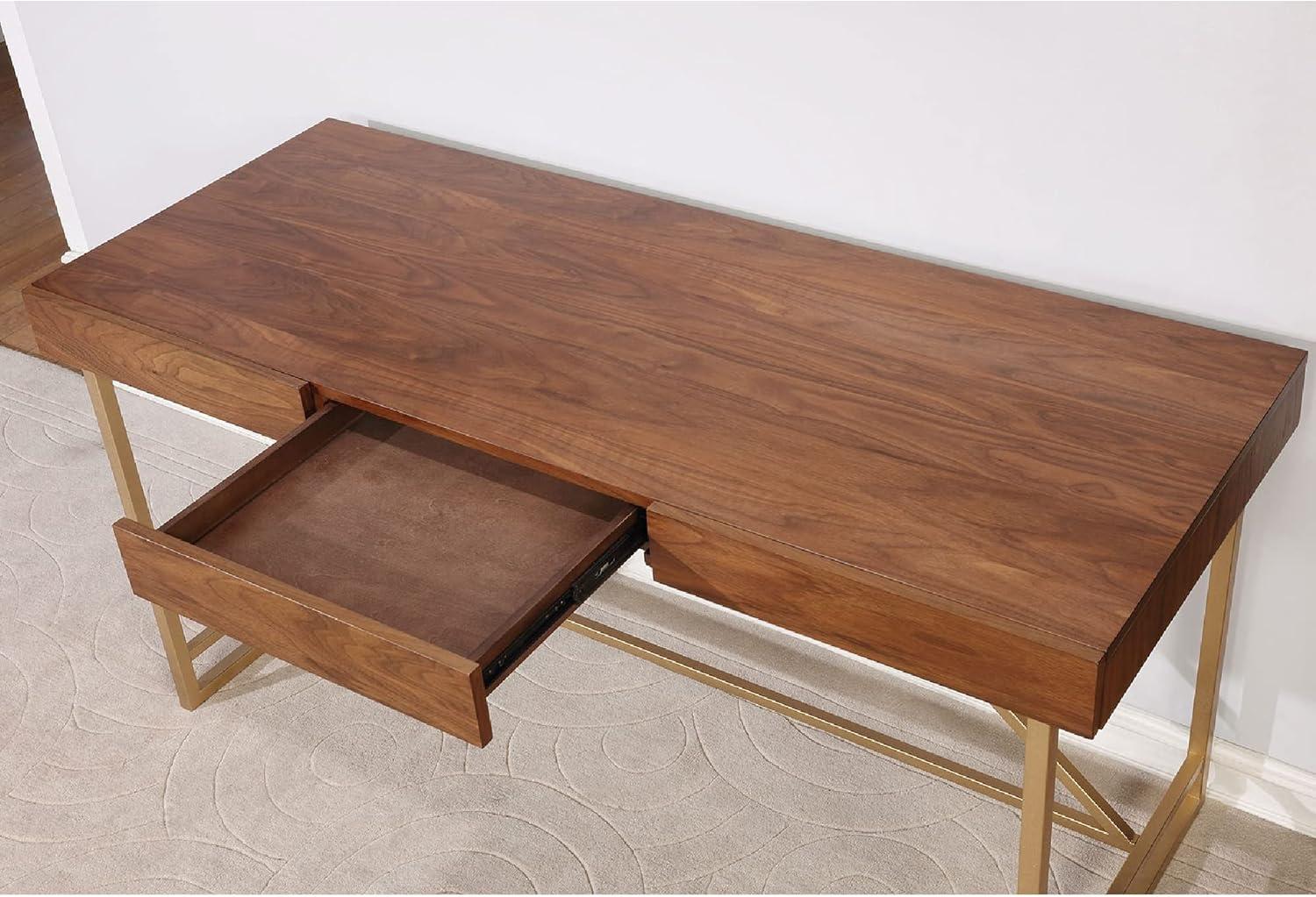 Modern Style Wooden Writing Desk with Unique Metal Legs in Walnut Brown and Gold