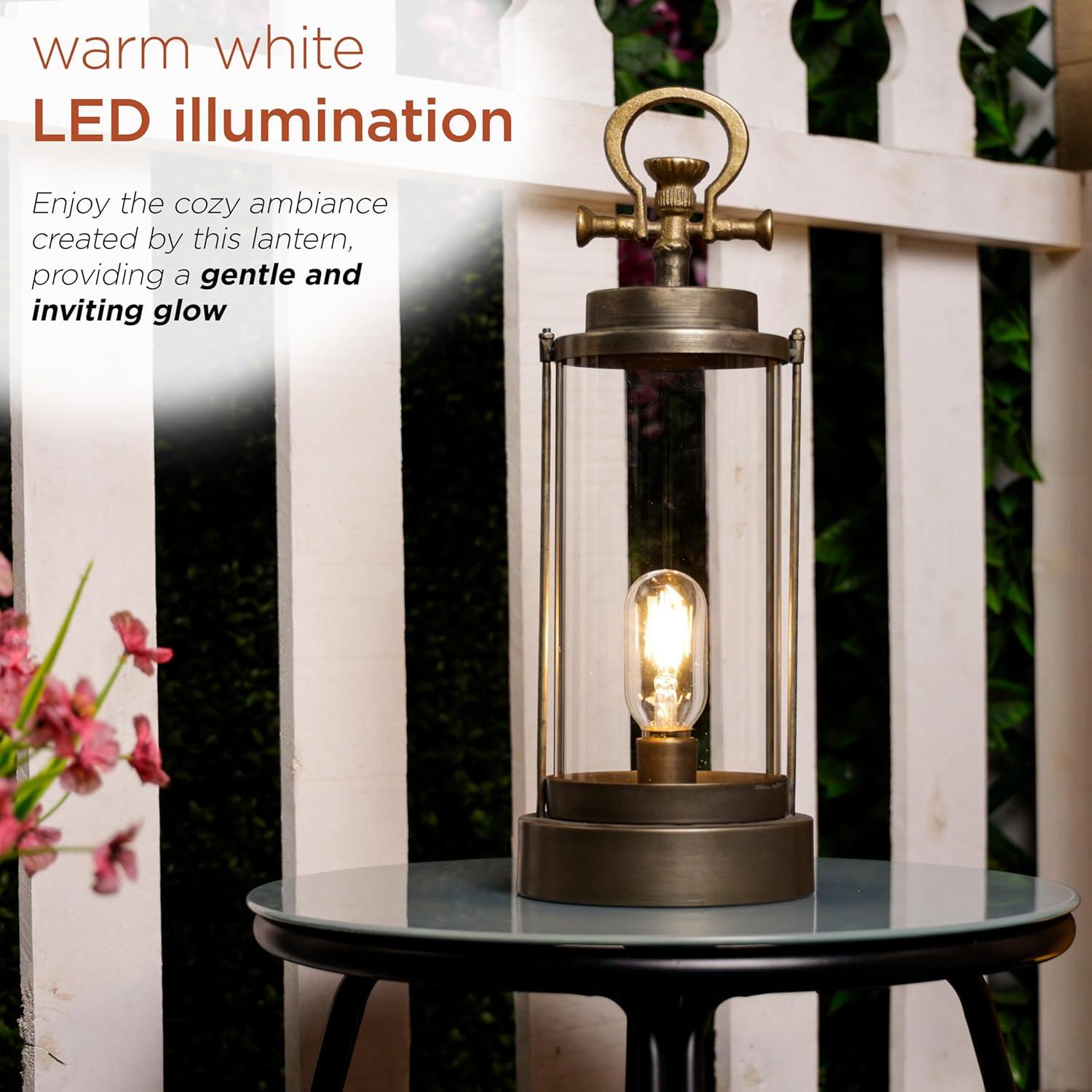 Vintage Metal & Glass Lantern with Warm LED Lights