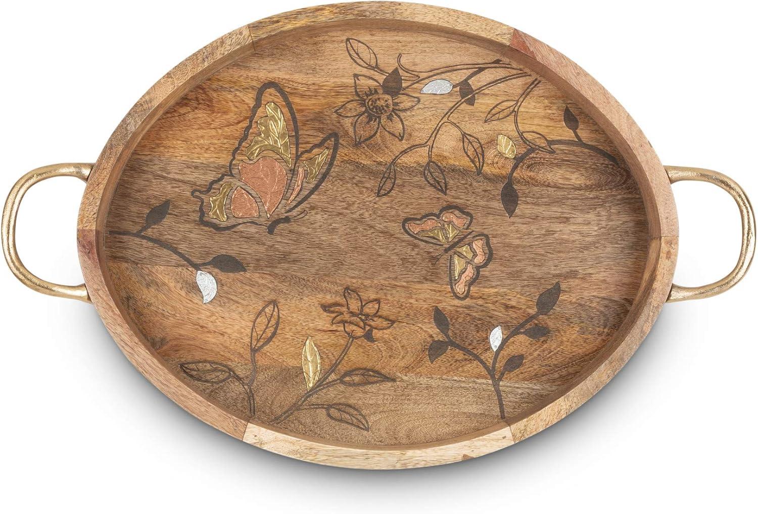 Gerson Mango Wood with Laser Butterfly Design Oval Tray with Handles.