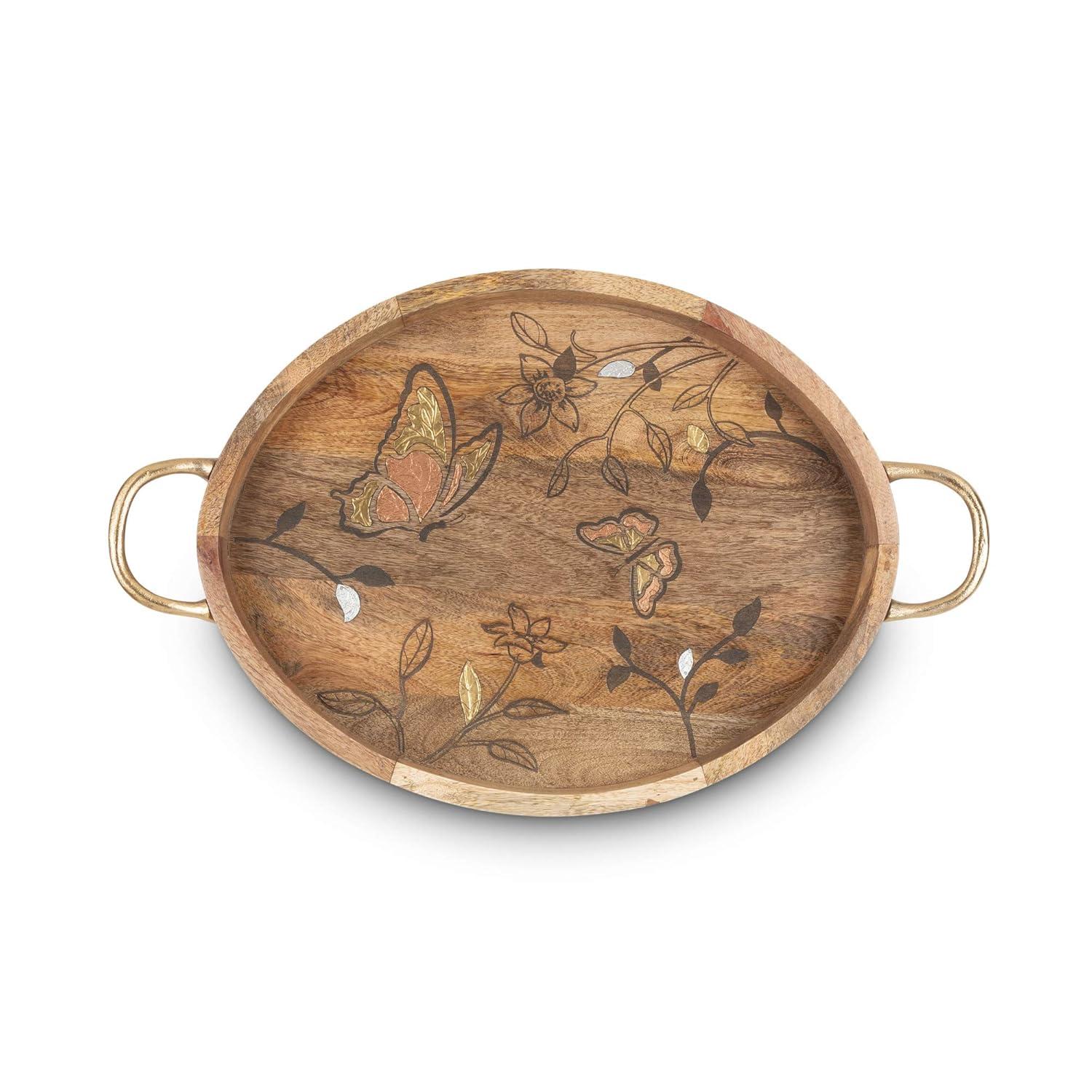Gerson Mango Wood with Laser Butterfly Design Oval Tray with Handles.