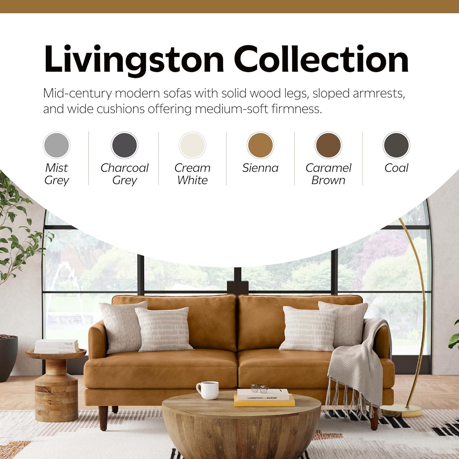 Simpli Home Livingston Genuine Leather Sofa Mid-Century Modern Couch for Living Room,Handcrafted with Removable Cushions