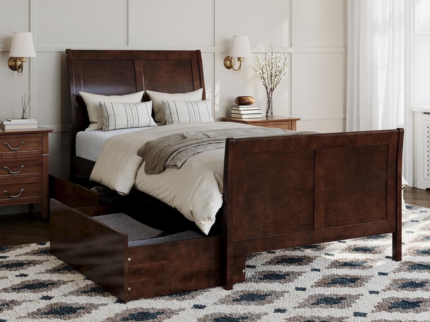 Walnut Twin XL Platform Bed with Sleigh Headboard and Storage Drawers