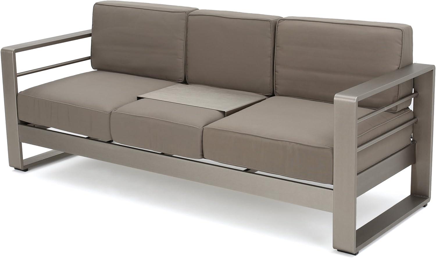 GDFStudio William Outdoor Aluminum 3 Seater Loveseat Sofa with Tray, Silver/Light Gray