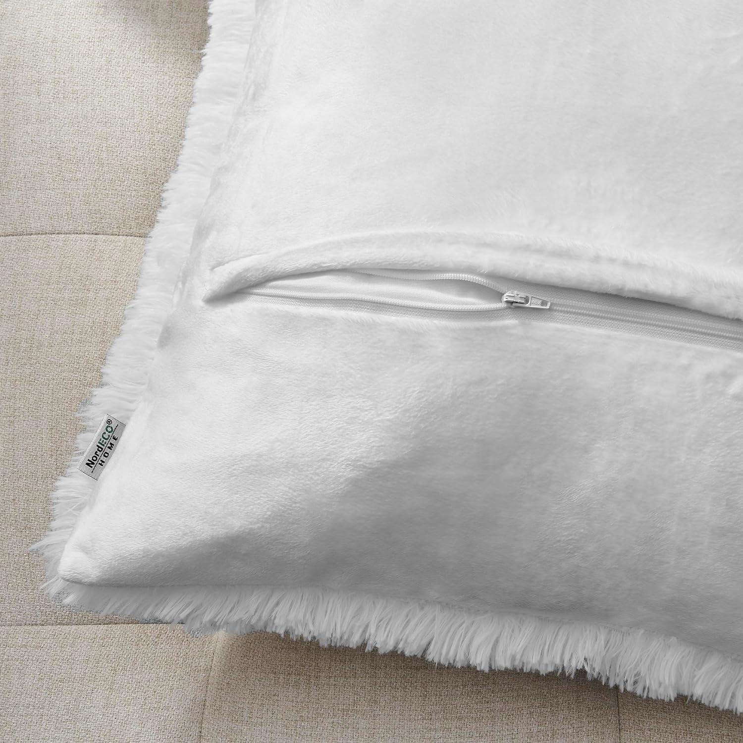 White Faux Fur Polyester Euro Pillowcase with Tassels, 2 Pack