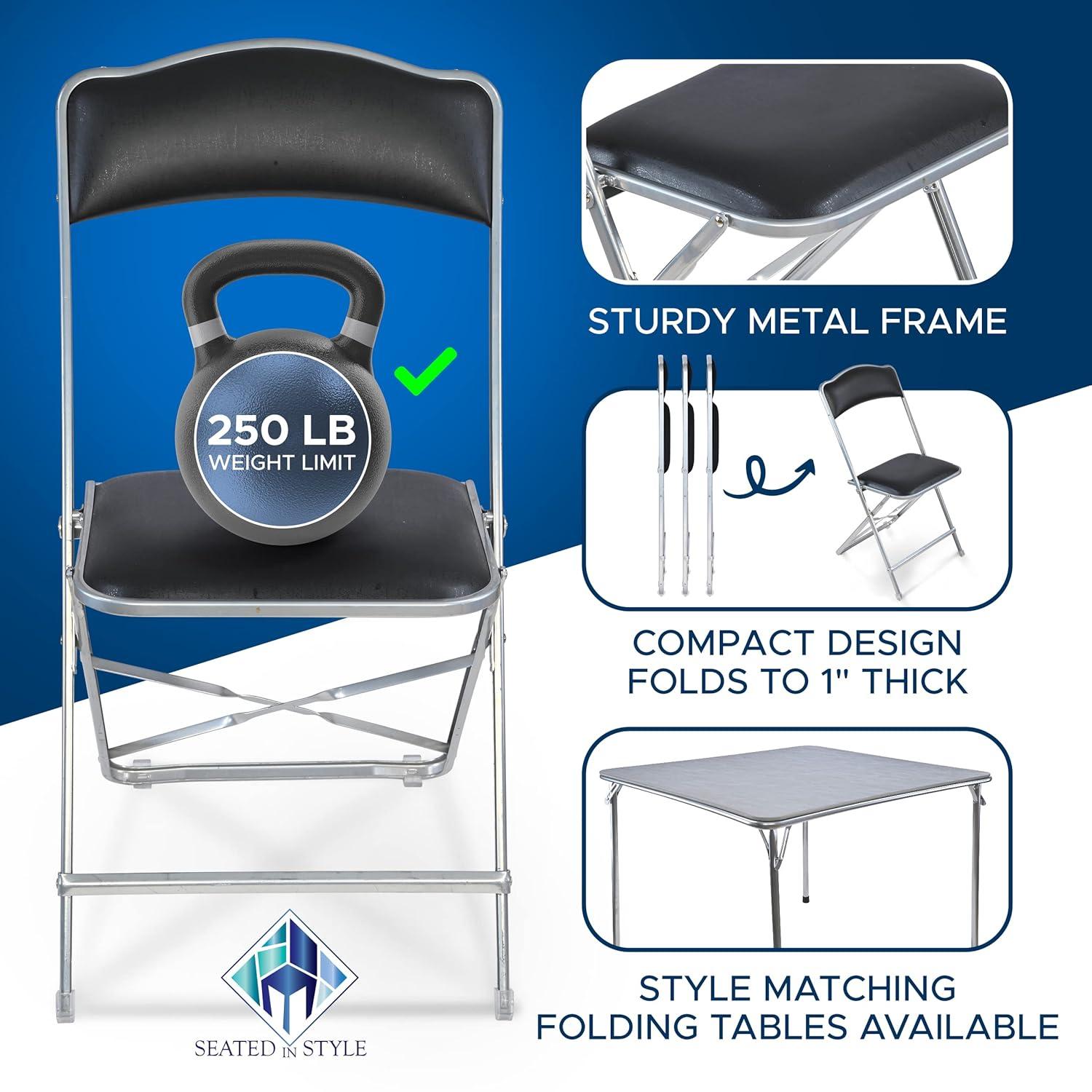 4 Pack Folding Chairs with Leather Padded Cushion Seats & Durable Metal Frame, Comfortable, Foldable, Portable, Commercial Event Seat, Indoor Outdoor for Parties, Home, Office, Black