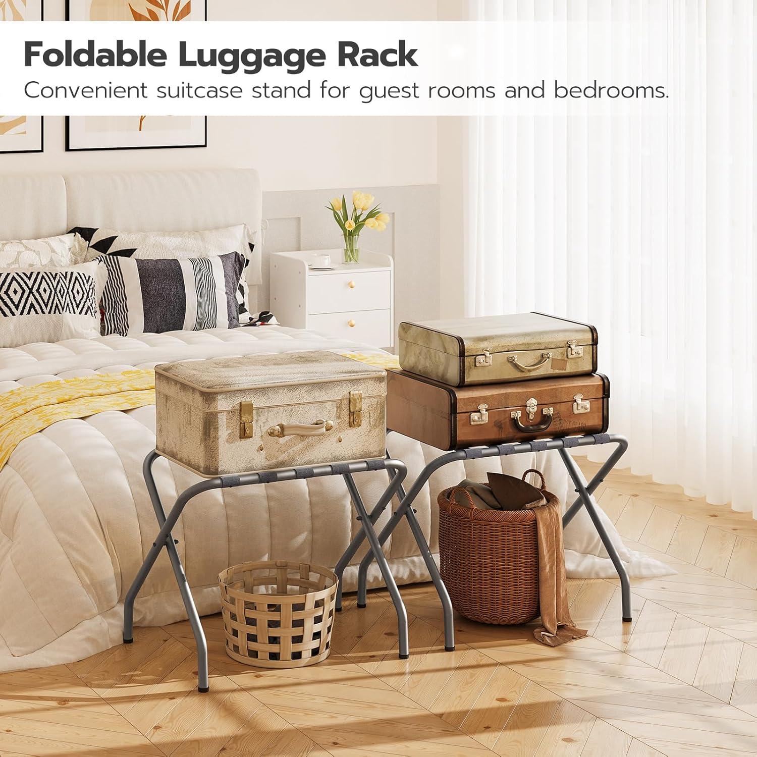 BINO 2-Pack Folding Luggage Rack Collapsible Metal Suitcase Stand With Durable Black Nylon Straps- For Bedroom, Guest Room, Or Hotel (Gray Steel)