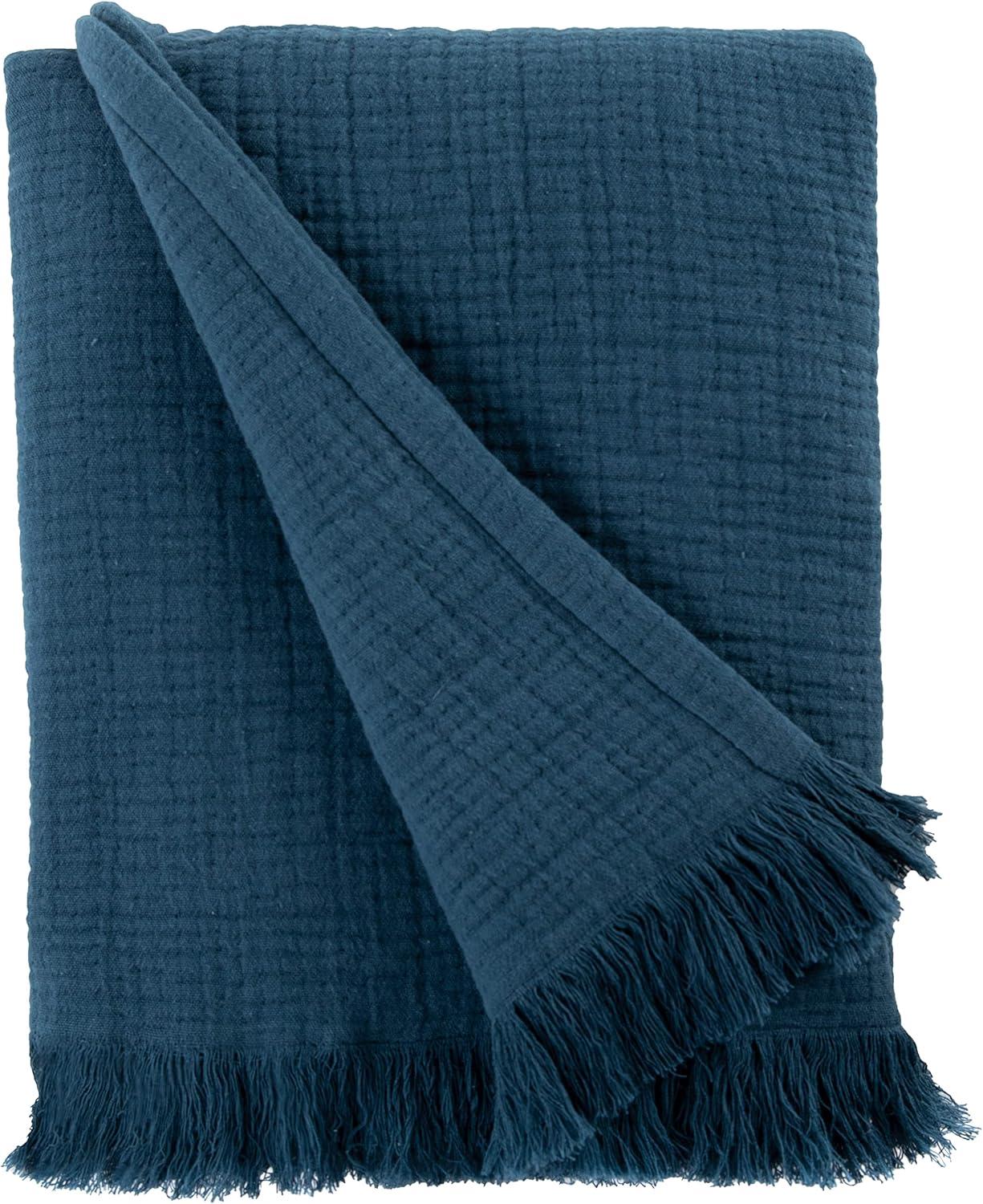 Blue Cotton Muslin Throw Blanket with Fringe, 50x60 in