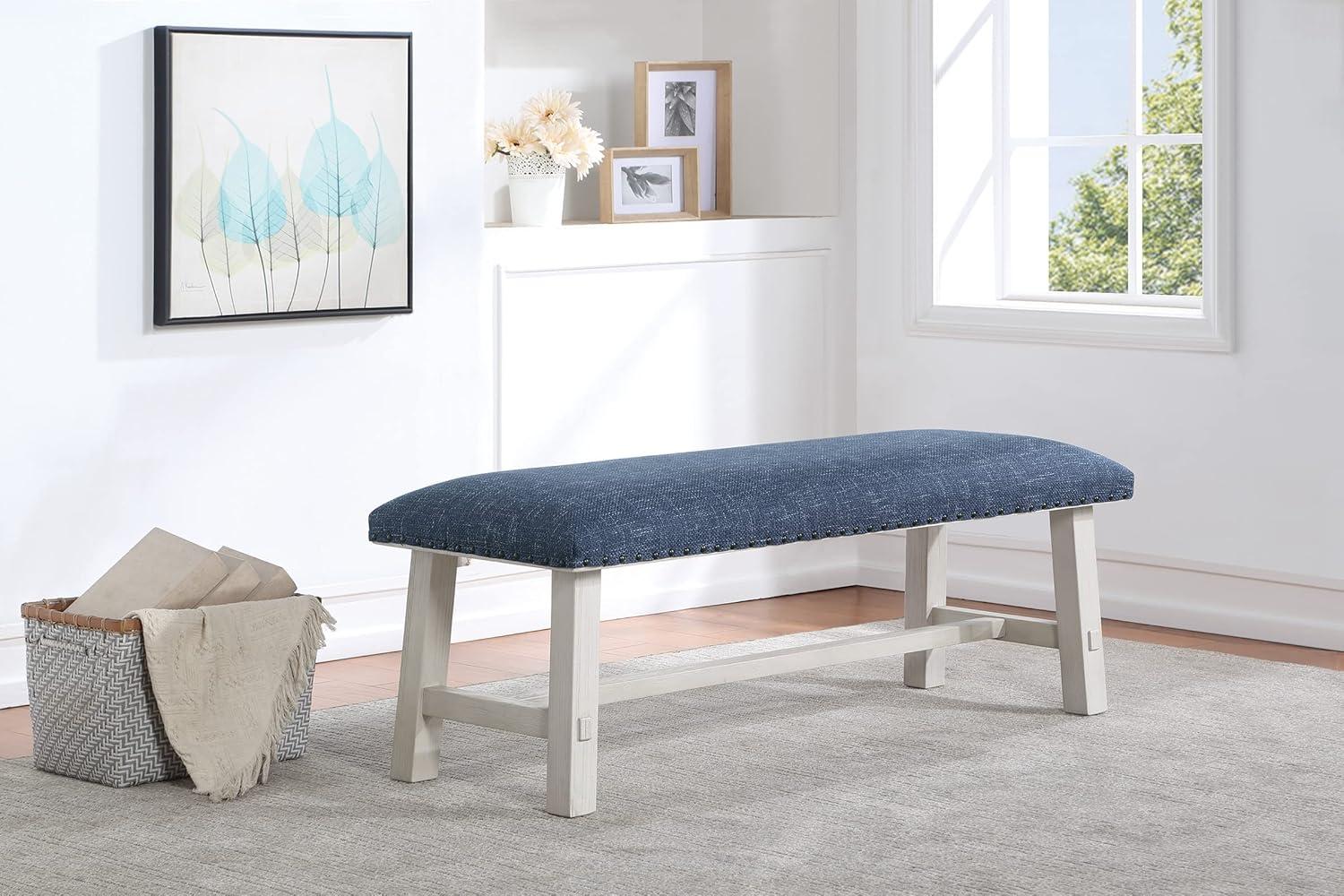 Callen Bench with White Wash Frame and Bronze Nailhead Trim in Navy Fabric