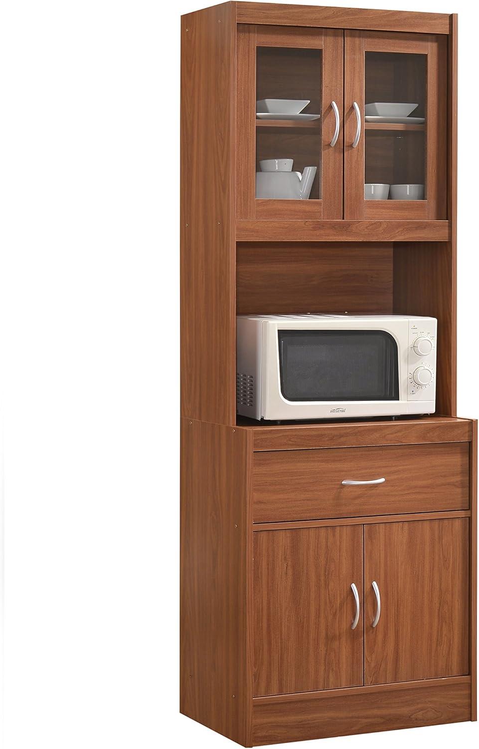 Hodedah Import Standing Top and Bottom Shelf Enclosed Kitchen China Cabinet with Front Sliding Pullout Drawer