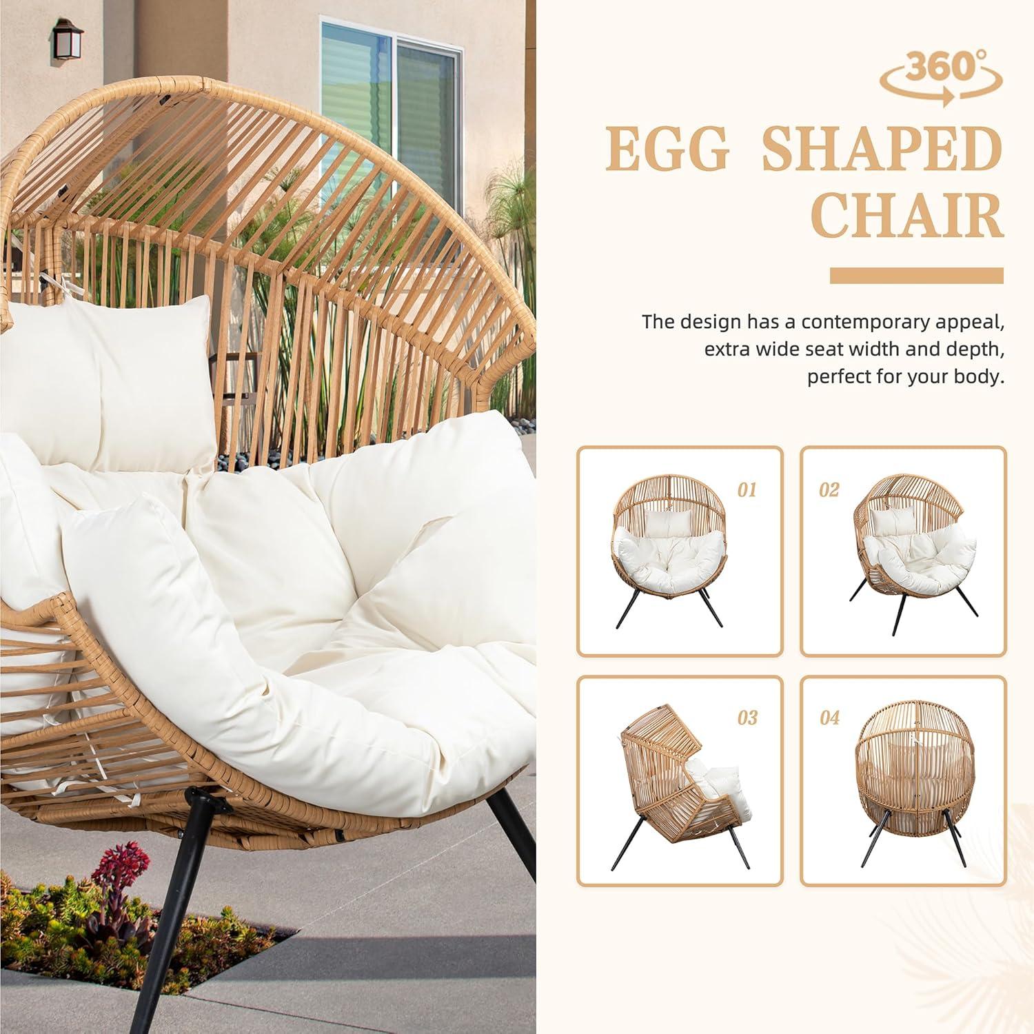 Vongrasig Wicker Egg Chair PE Rattan Chair with Cushion, Oversized Patio Lounge Chair for Outdoor, Indoor, Balcony, Backyard, Garden, Living Room, Beige